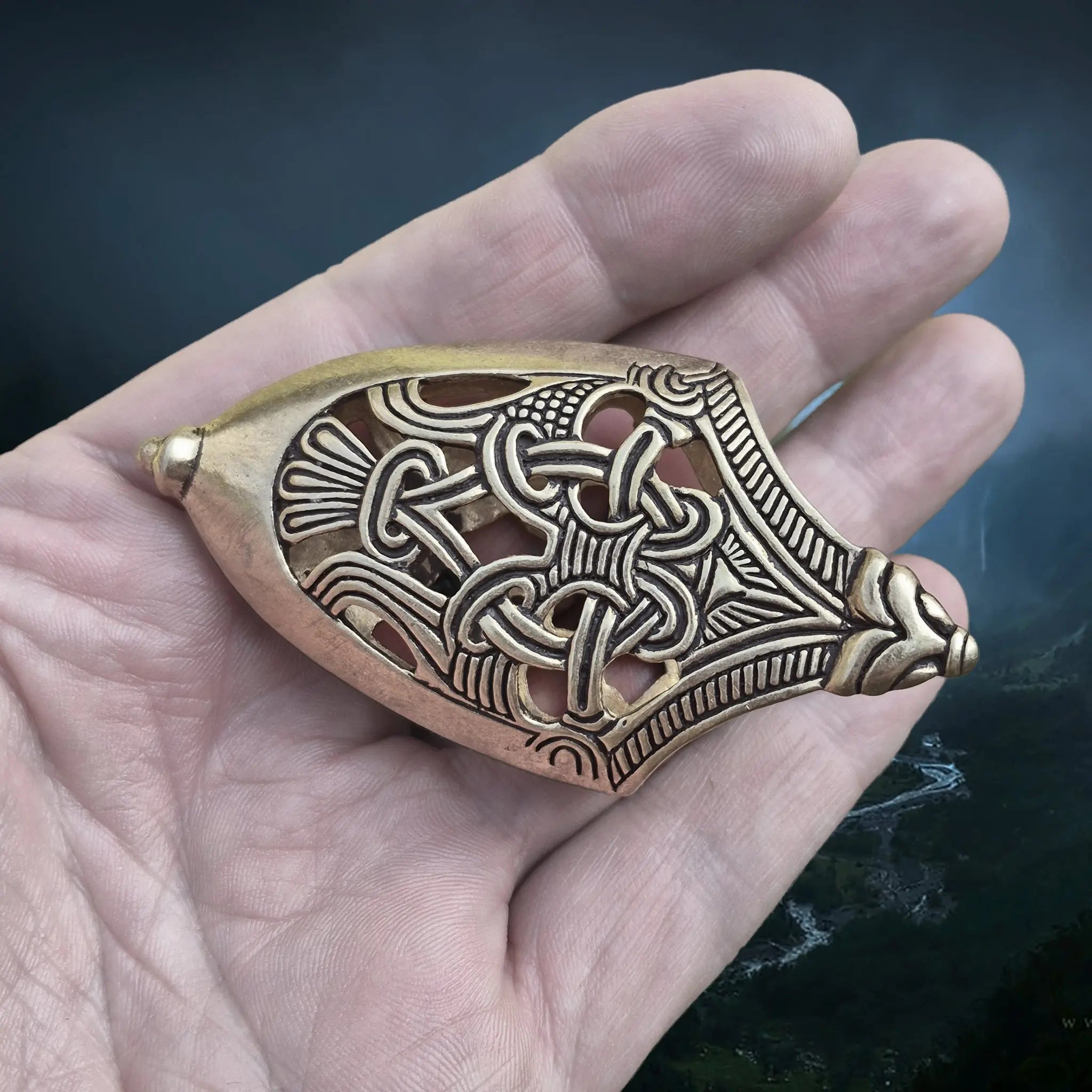 Bronze Replica Viking Scabbard Chape Replica from Skåne, Sweden in Borre Style on Hand