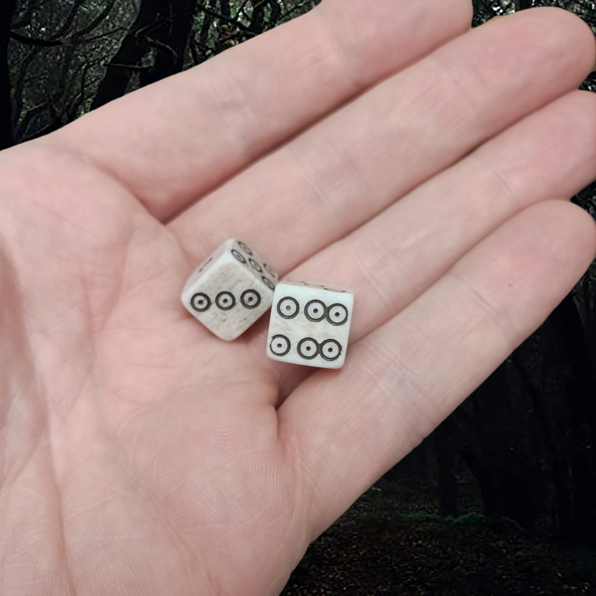 Cow Bone Replica Medium Dice with Hand-Carved Dot & Ring Spots on Hand x 2