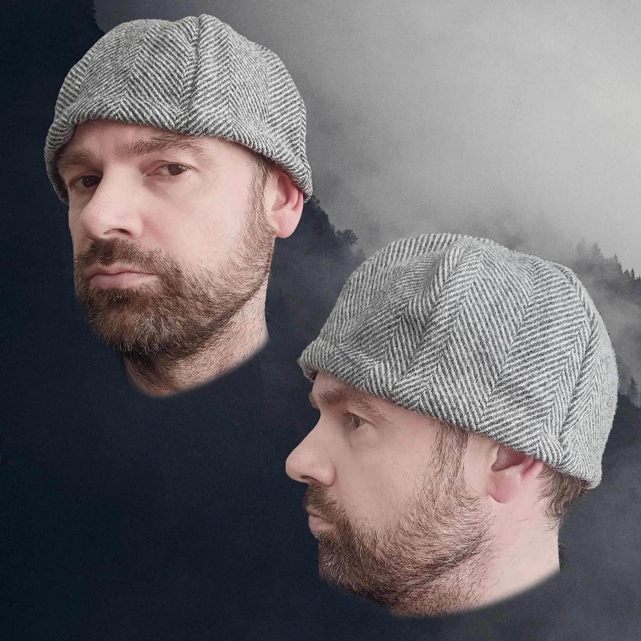 6 Panel Wool Viking Hat from Birka - Light Grey Herringbone - Extra Large