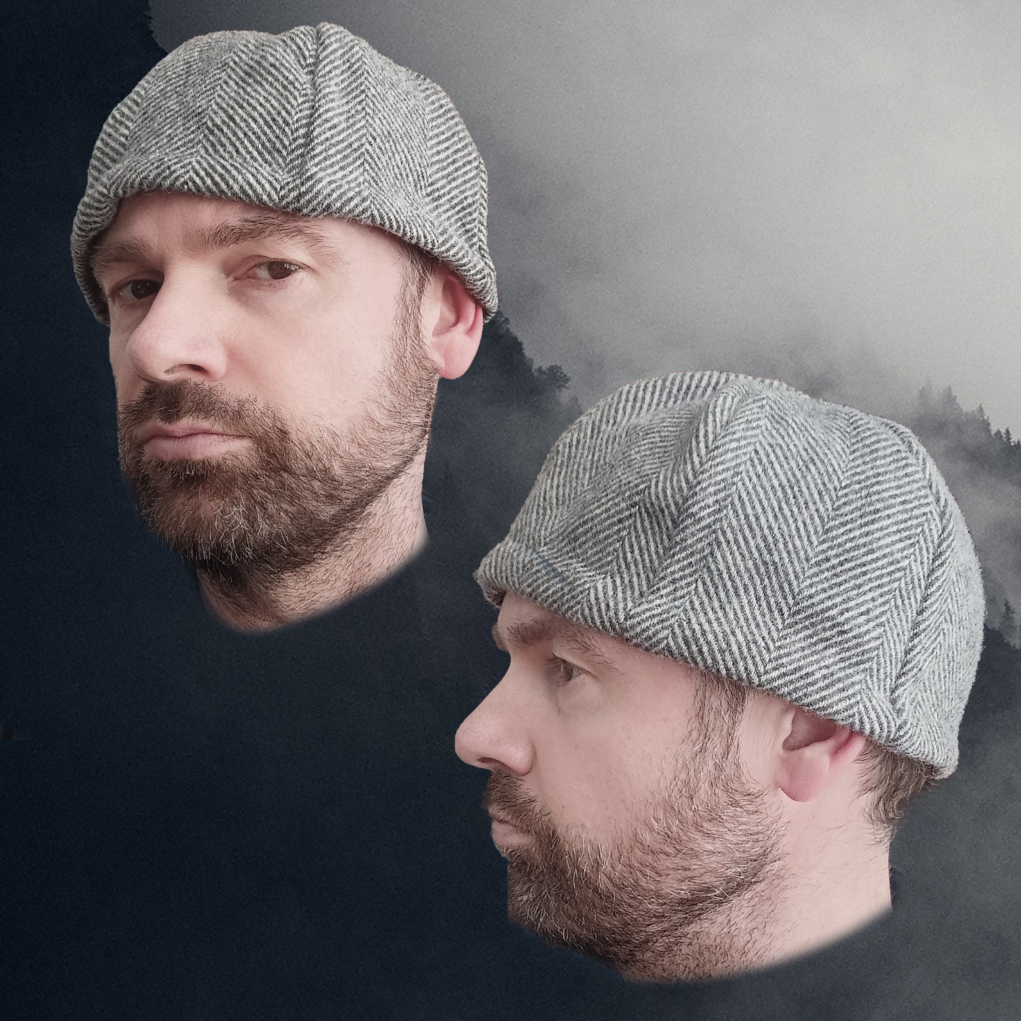 6 Panel Wool Viking Hat from Birka - Light Grey Herringbone - Extra Large