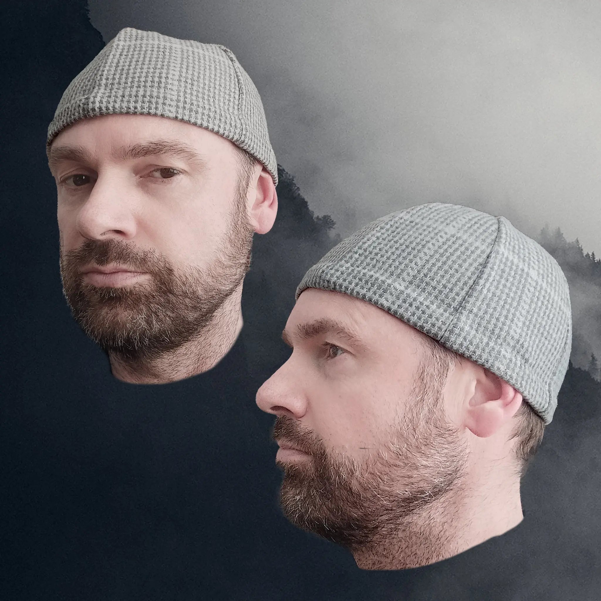 6 Panel Wool Viking Hat from Birka - Light Grey Houndstooth - Medium Small