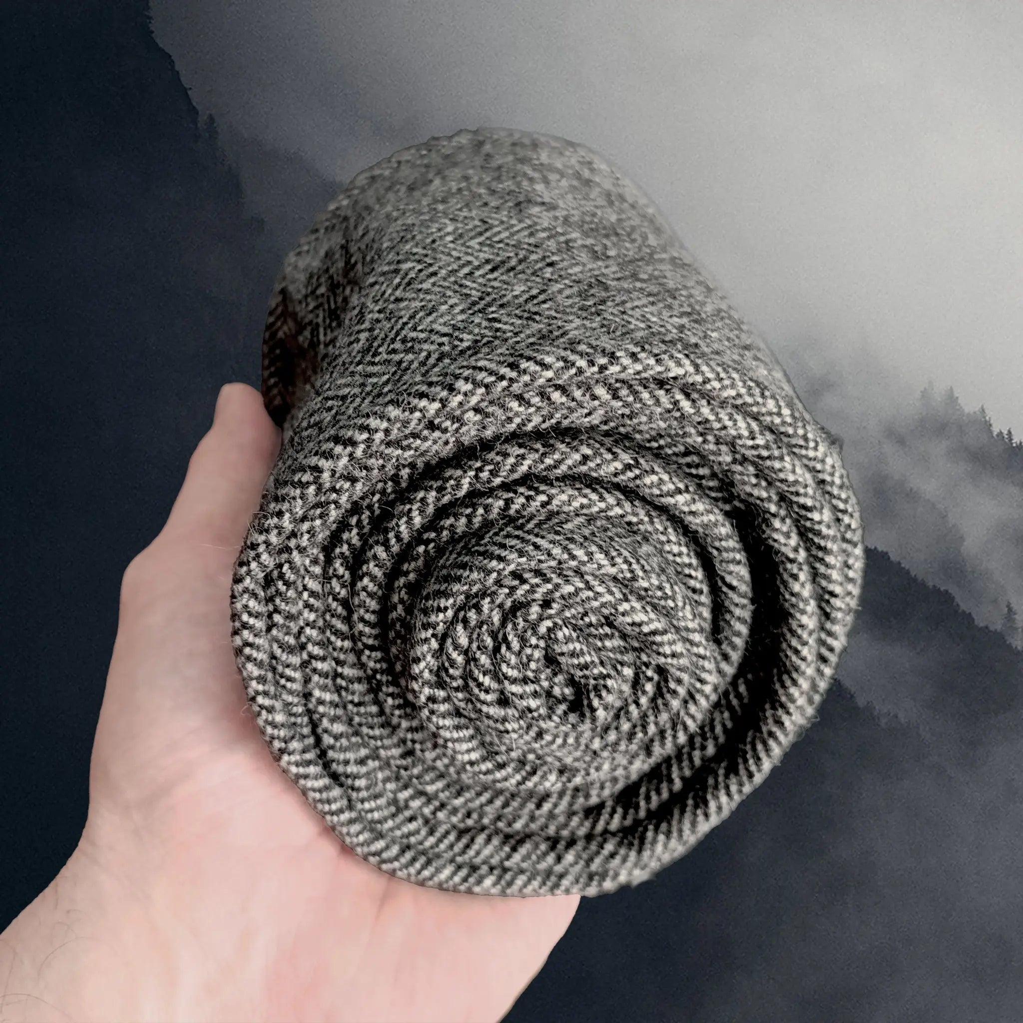 100% Wool Replica Viking Leg Wrap / Wininga in Bi-Colour Herringbone Weave on Hand - Side View