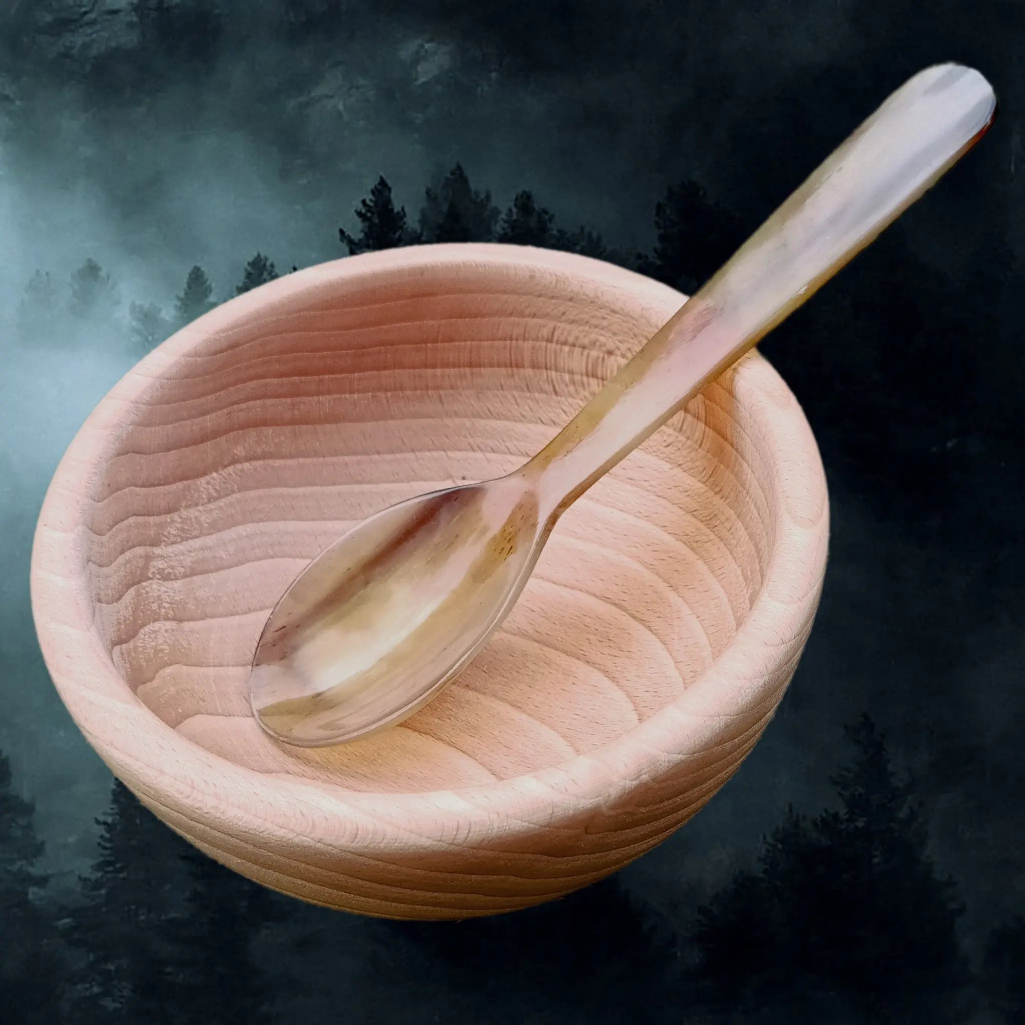 Reenactment Quality Handmade Large Cow Horn Porridge Spoon for Viking / Medieval Feasting in Small Wooden Bowl