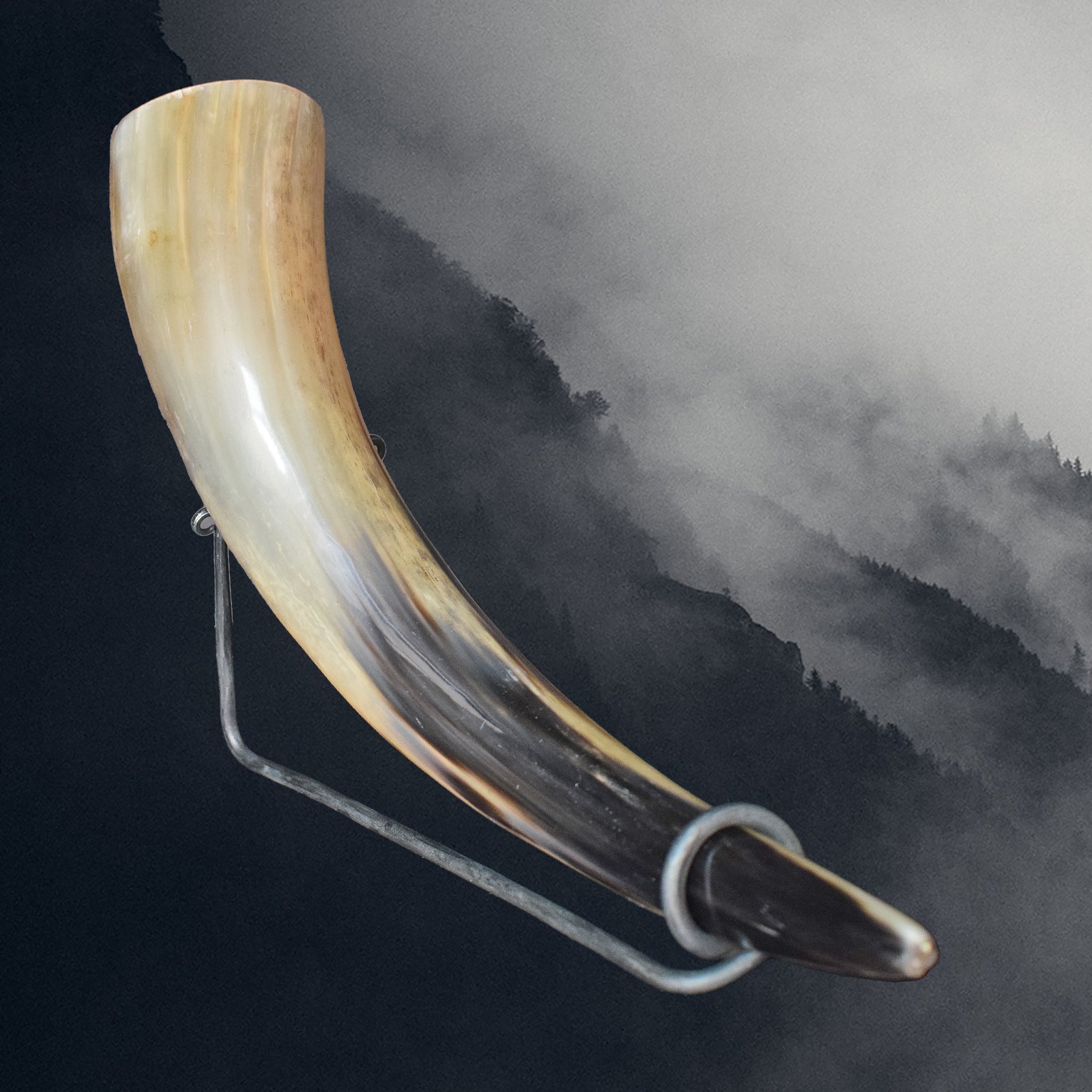 Hand-Forged Iron Horn Stand for Small Viking Drinking Horns with Drinking Horn - Angle View