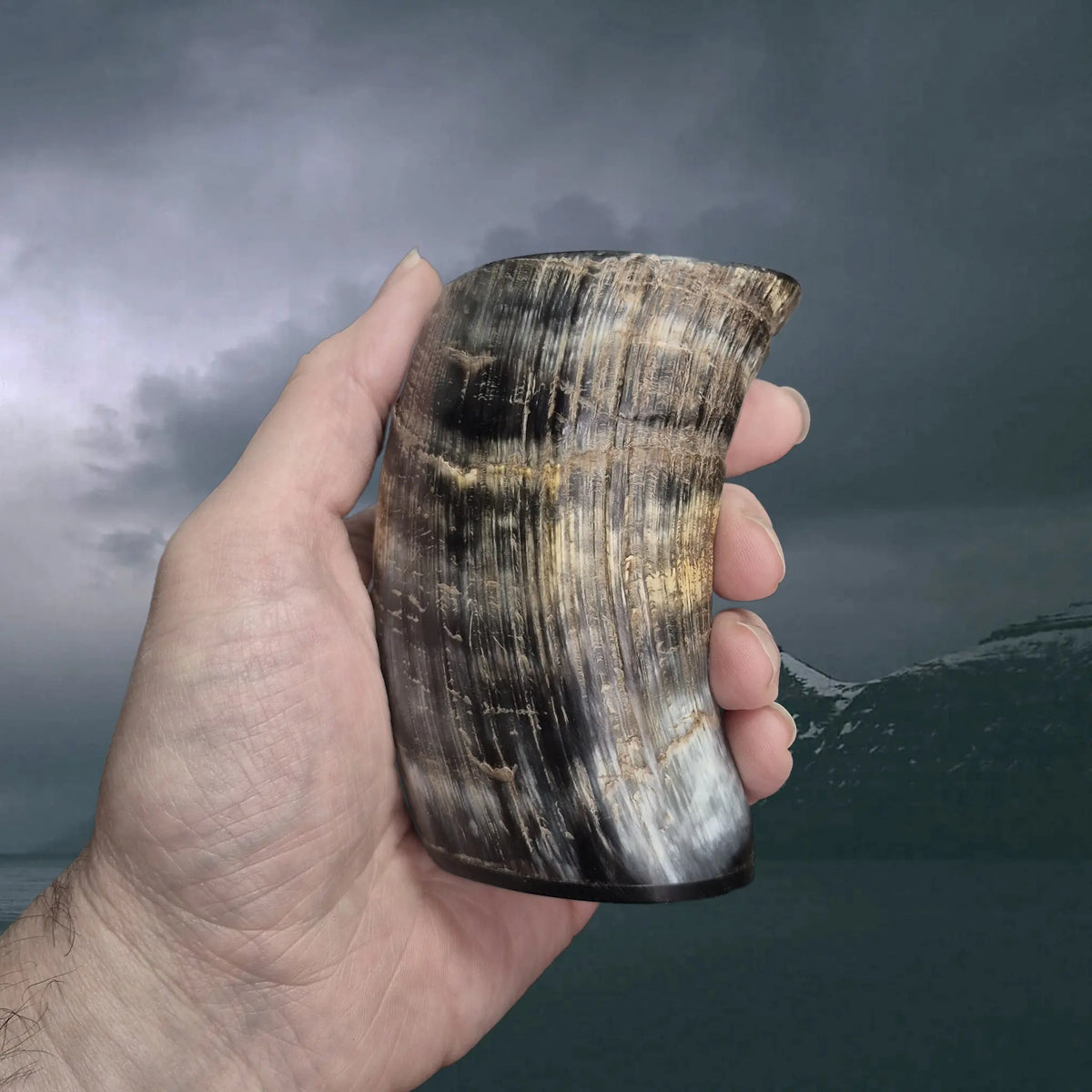 Handmade Rustic Horn Mead / Wine / Beer Cup Replica with Resin Base in Hand - Example 1