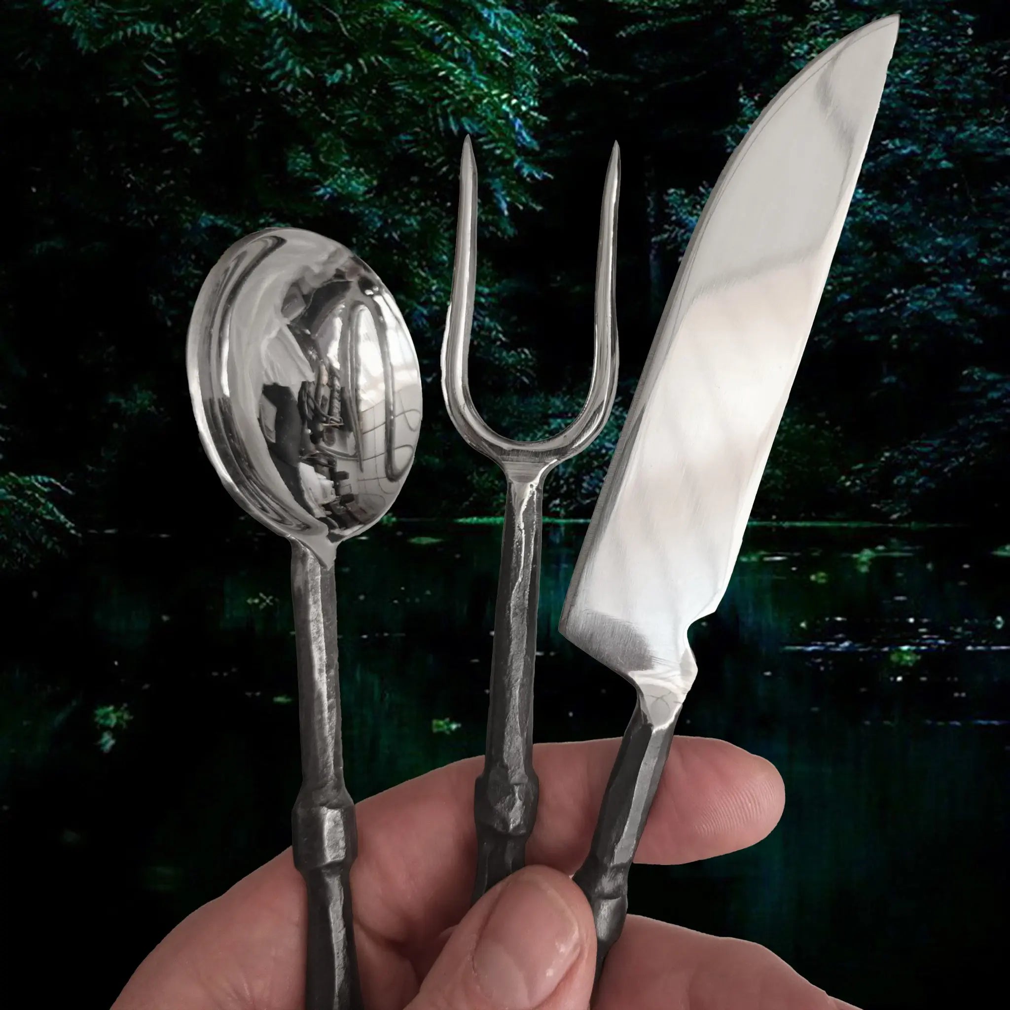 Hand-Forged 3 Piece Steel Medieval Banquet Set with Polished Heads in hand