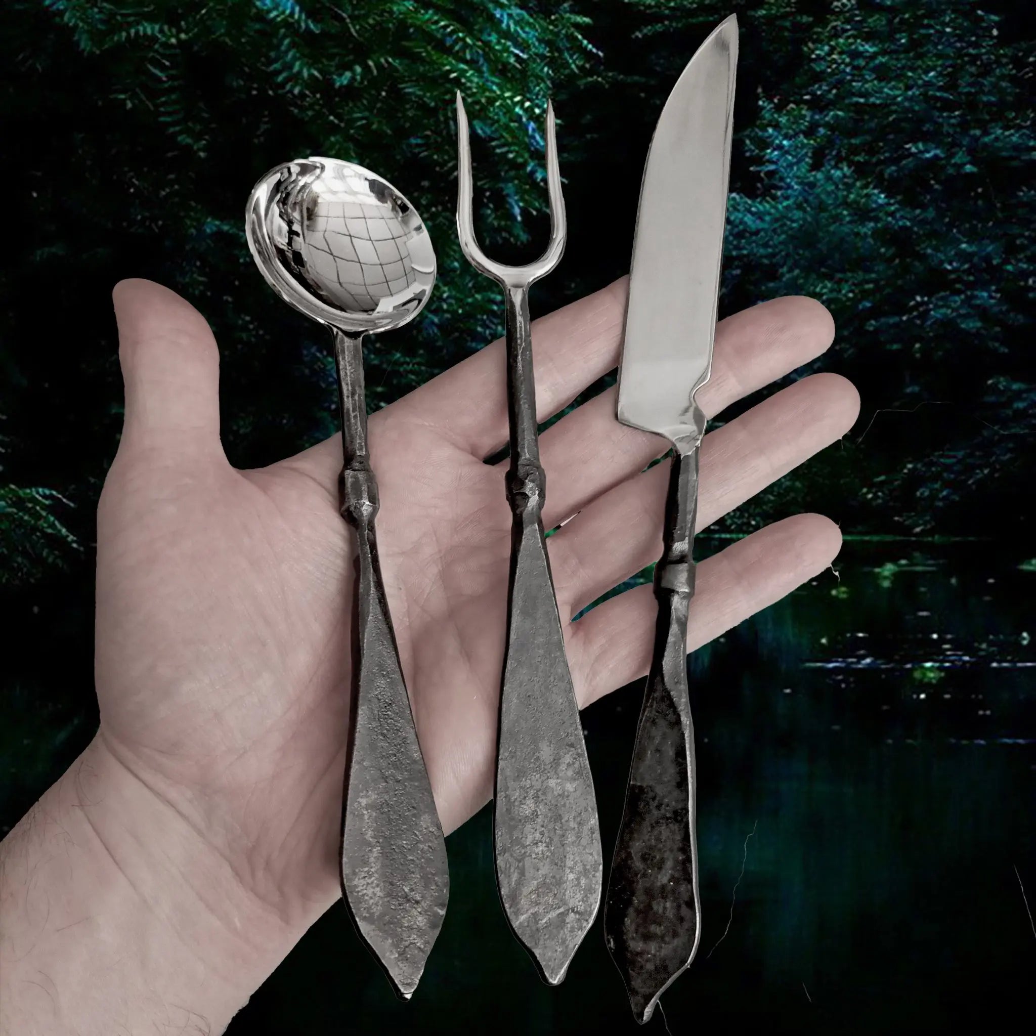 Hand-Forged 3 Piece Steel Medieval Banquet Set with Polished Heads on Hand