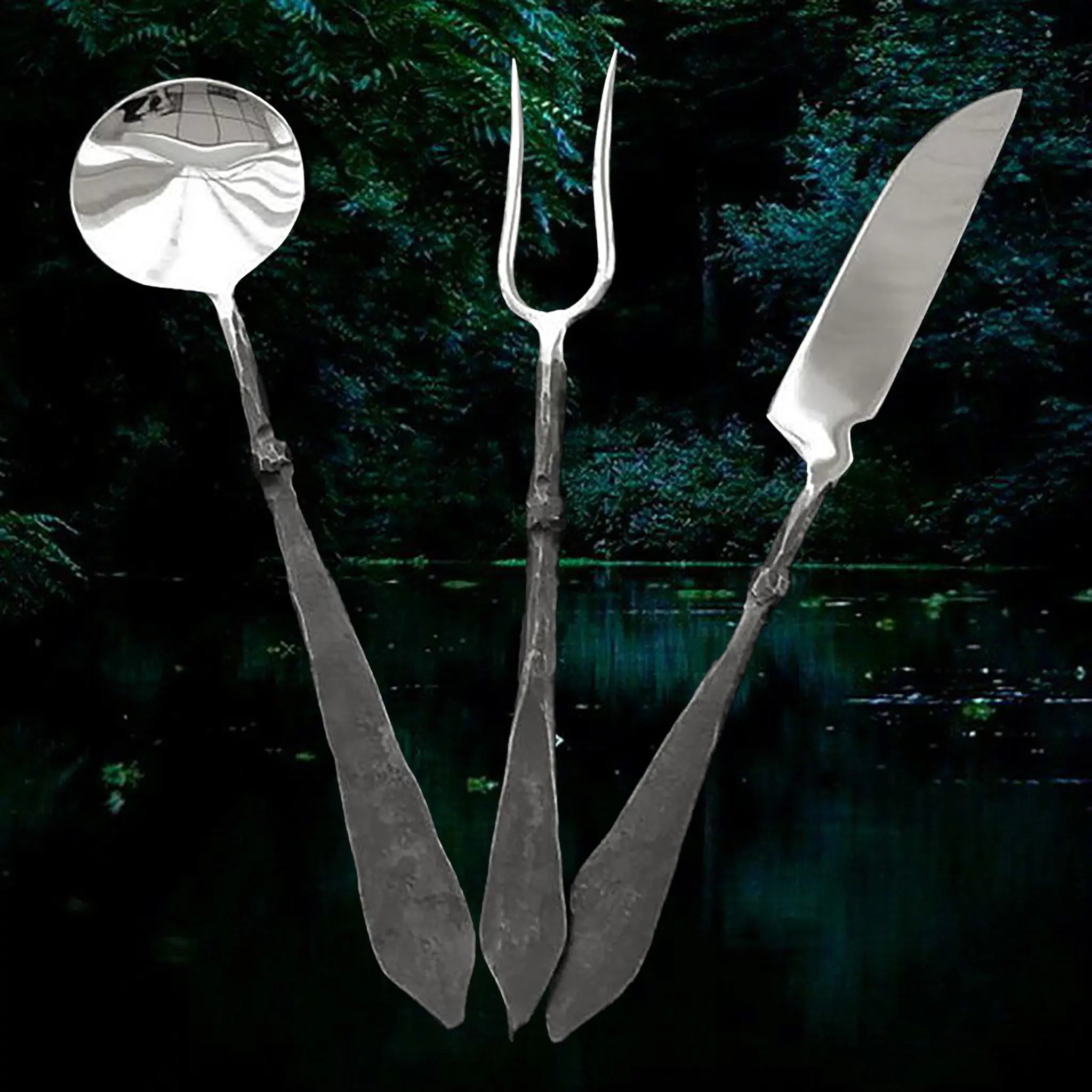 Hand-Forged 3 Piece Steel Medieval Banquet Set with Polished Heads - Spoon, Fork & Knife