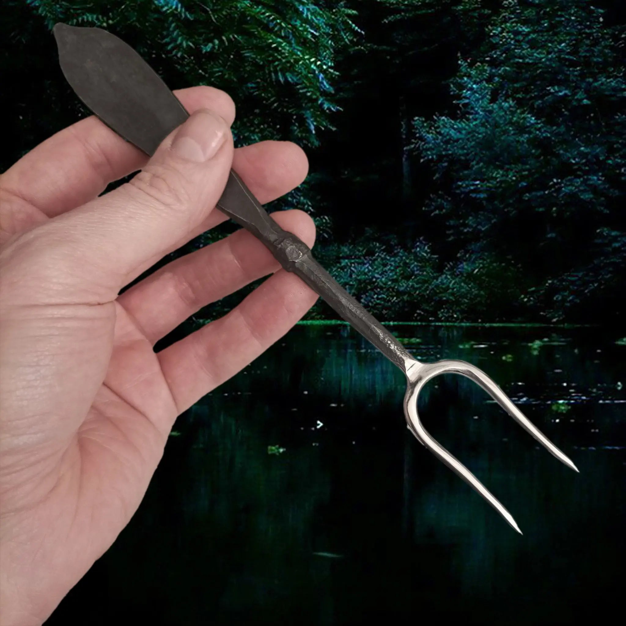 Hand-Forged Steel Medieval Eating Fork with Polished Head in Hand