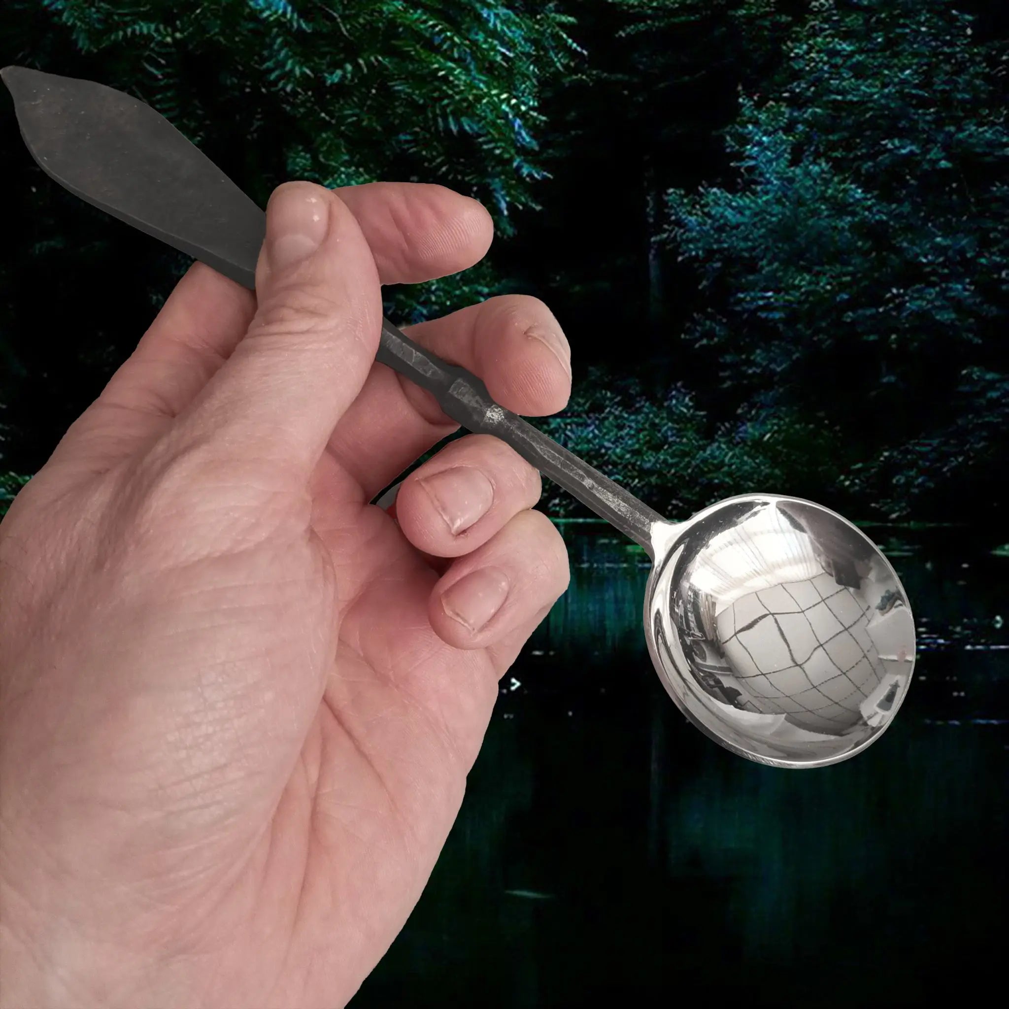 Hand-Forged Steel Medieval Eating Spoon with Polished Head in Hand