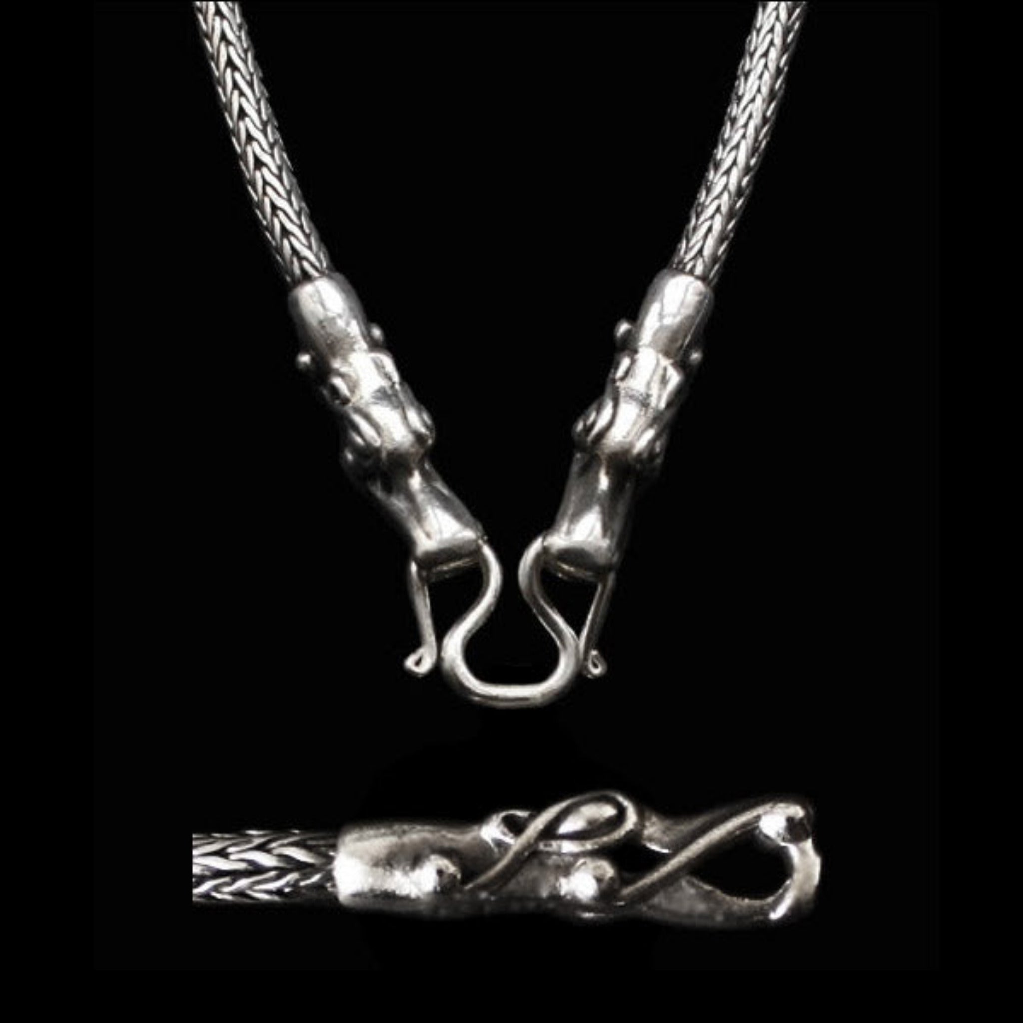 Slim Silver Snake Chain with Tromso Dragon Heads & Butterfly Clasp, Plus Side View of Head