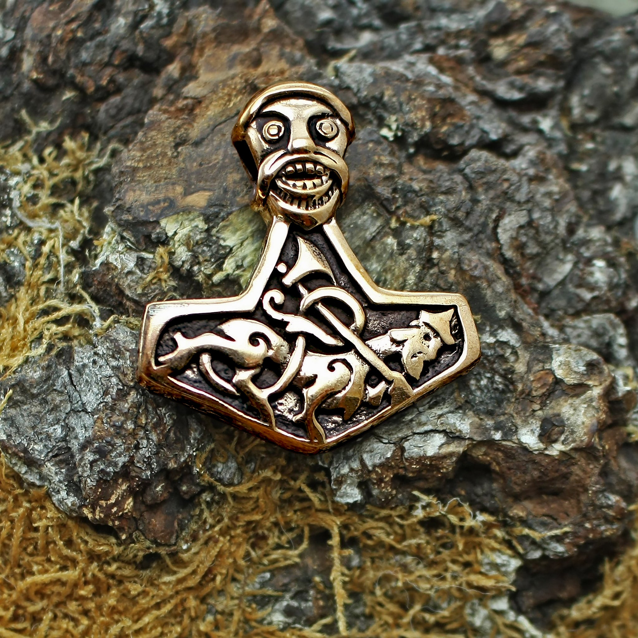 Bronze God Beast Thors Hammer Pendant Replica on Mossy Wood