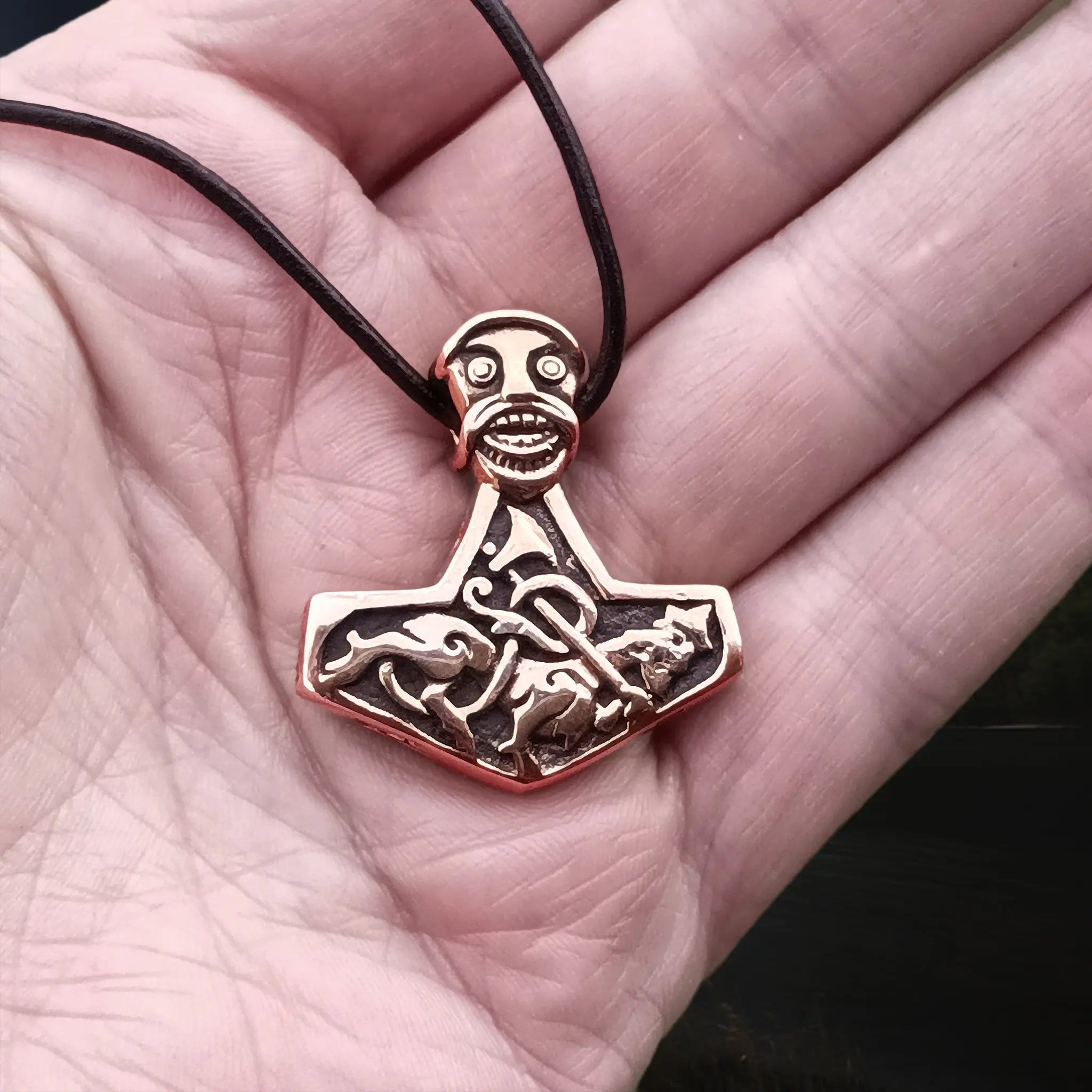 Bronze God Beast Thors Hammer Pendant Replica on Leather Thong - on Hand