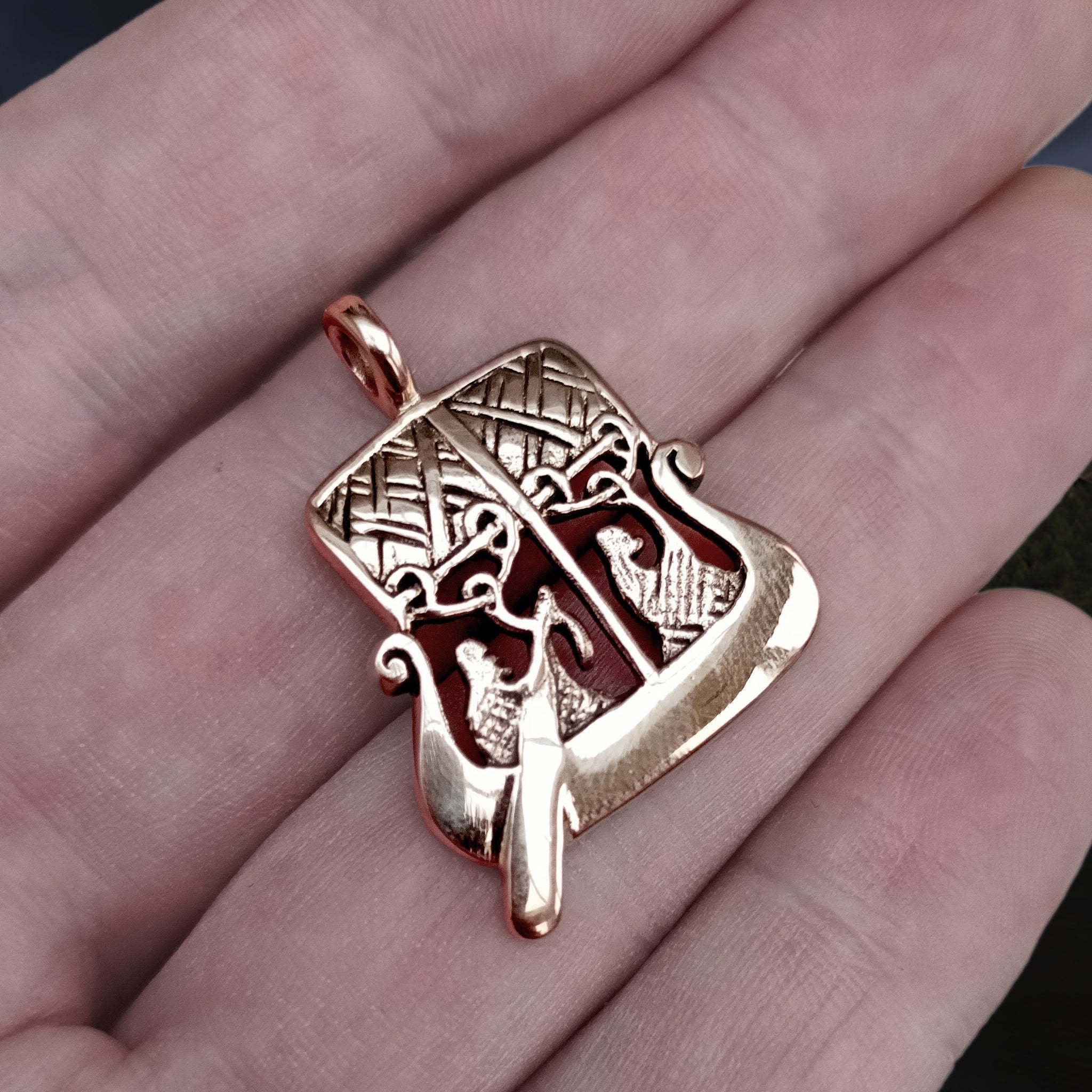 Bronze Gotland Stone Ship Viking Pendant on Hand