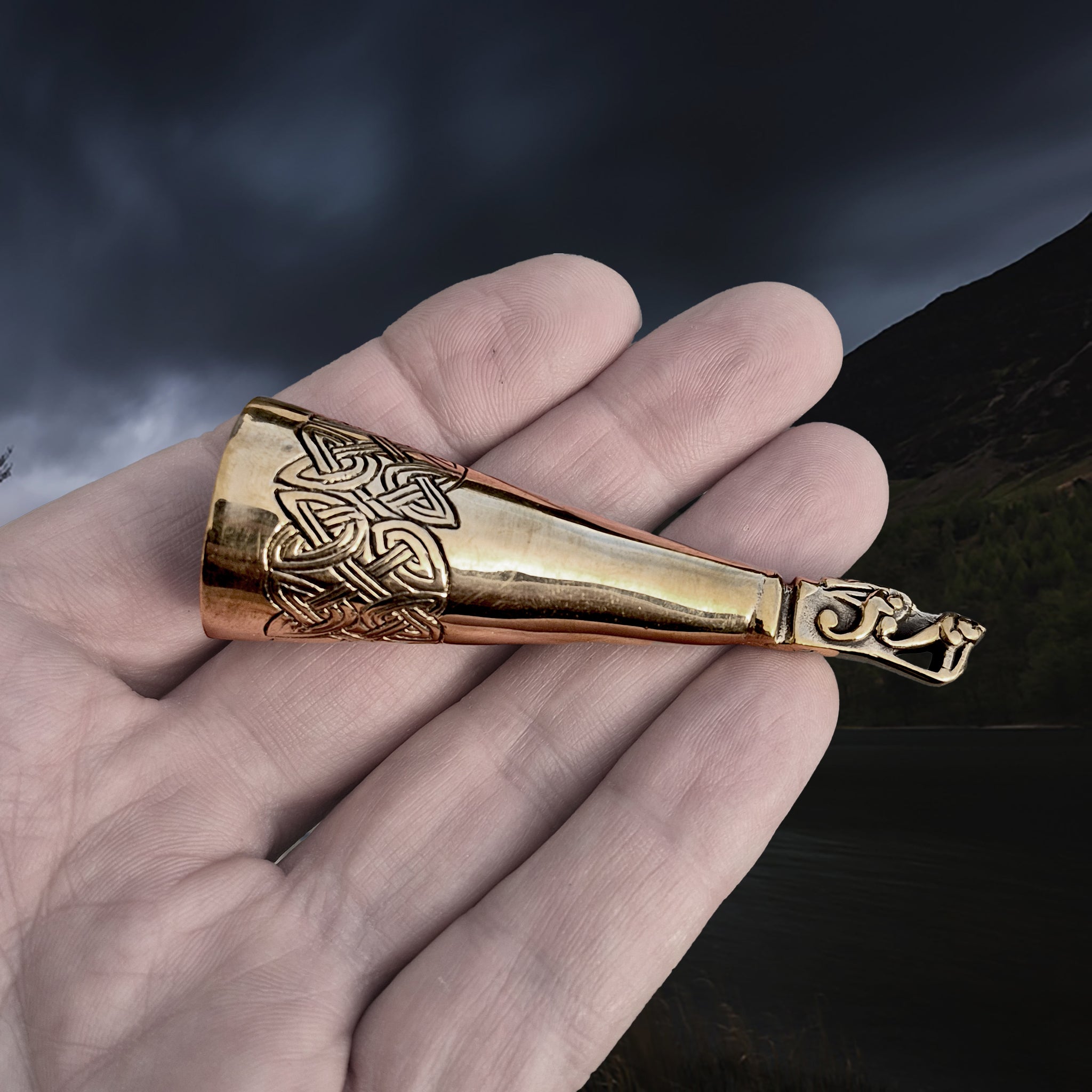 Bronze Viking Drinking Horn Finial with Gotlandic Dragon Head on Hand