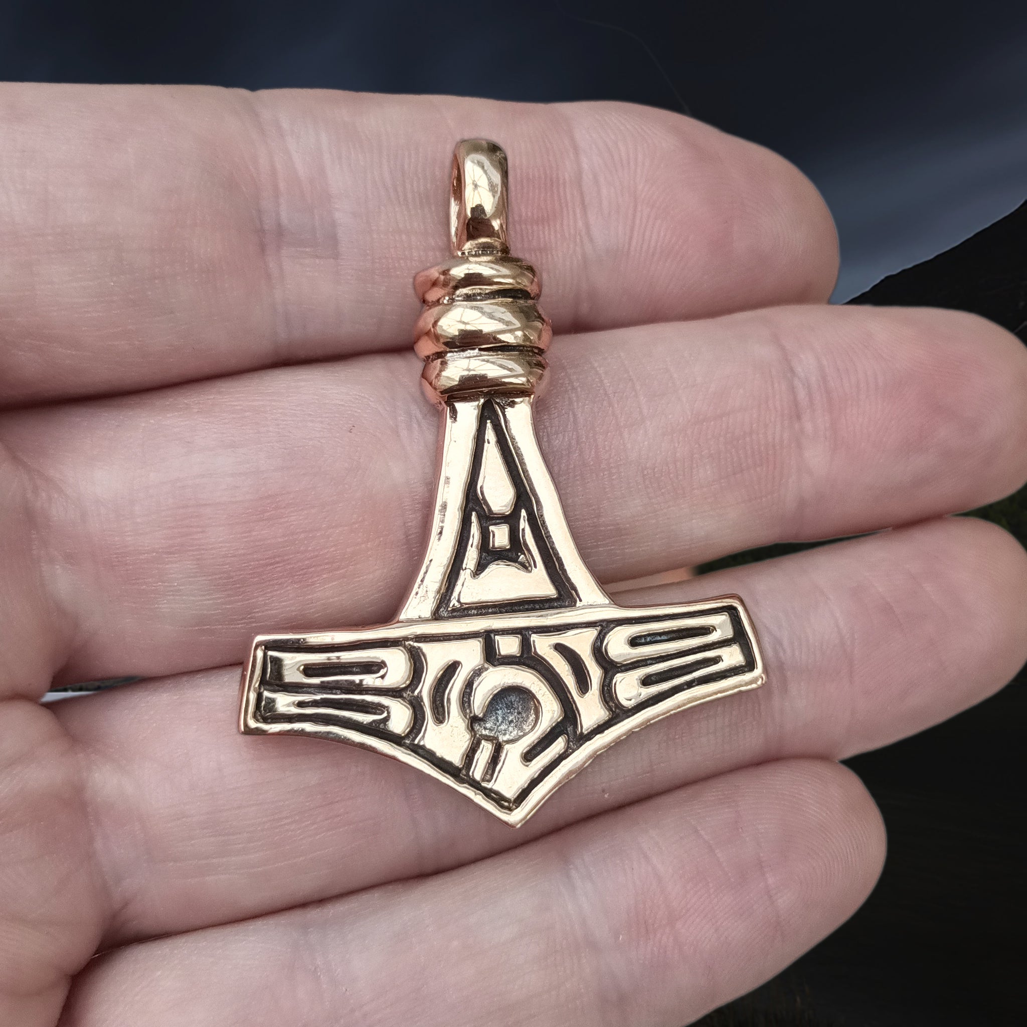 Large Bronze Gotland Replica Thors Hammer Pendant on Hand