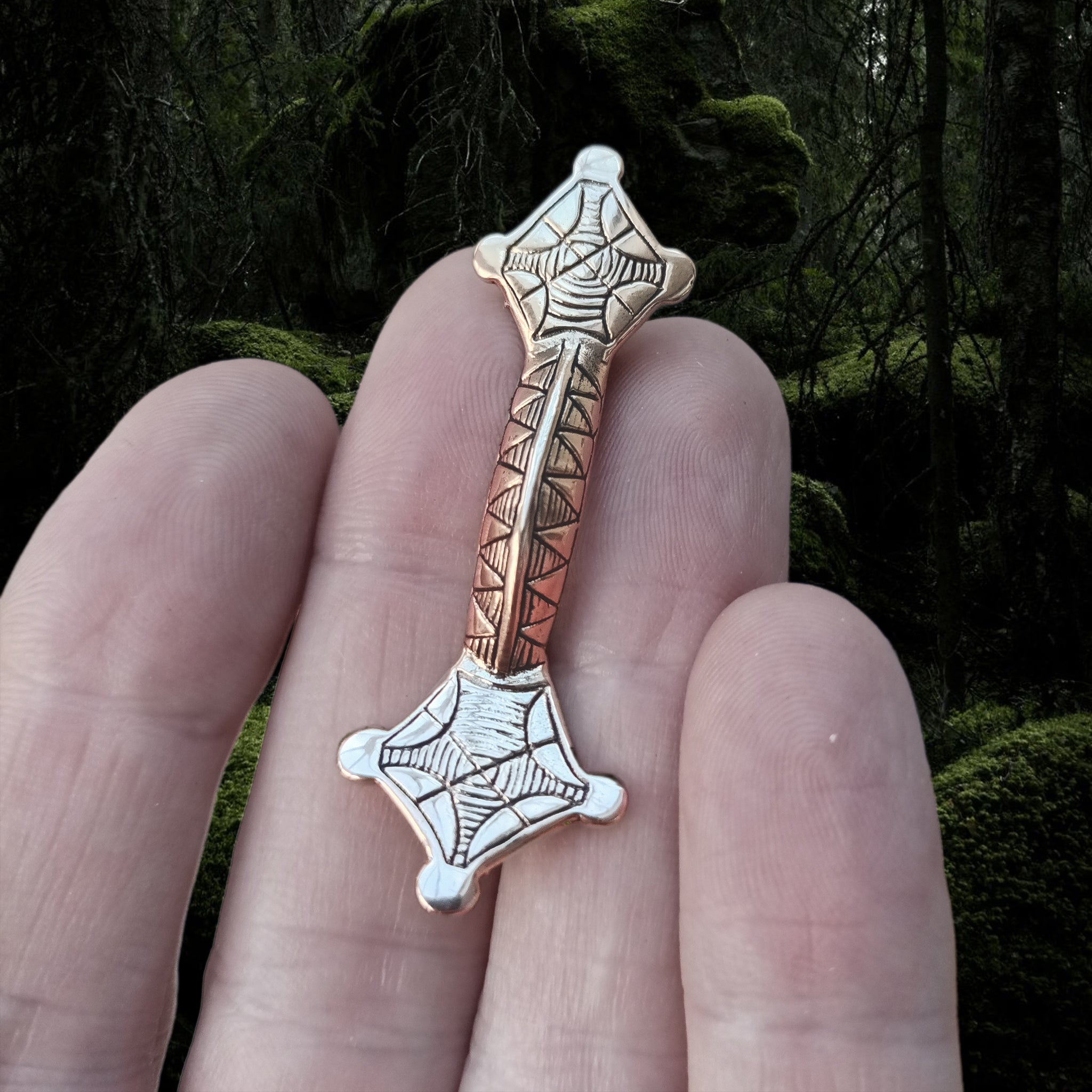 Bronze Viking Mirror Brooch on Hand - Front View