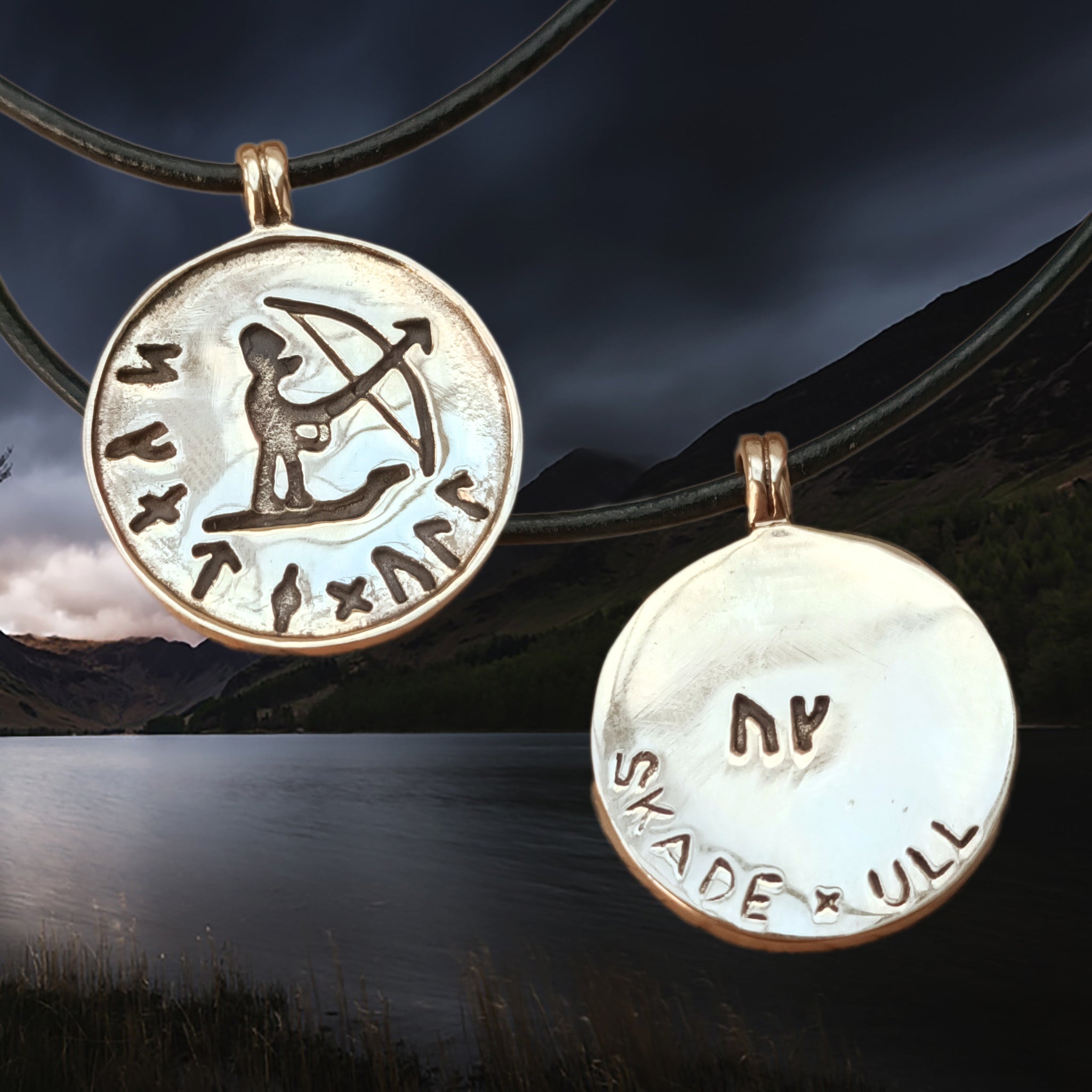 Bronze Skadi Ull Viking Pendant on Leather Thong - Front and Back
