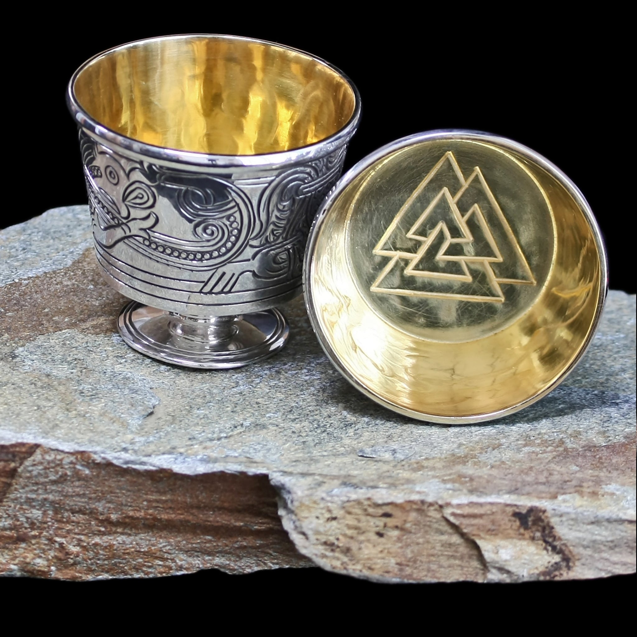 Handmade Silver and Gold Replica Jelling Cups with Valknut Design
