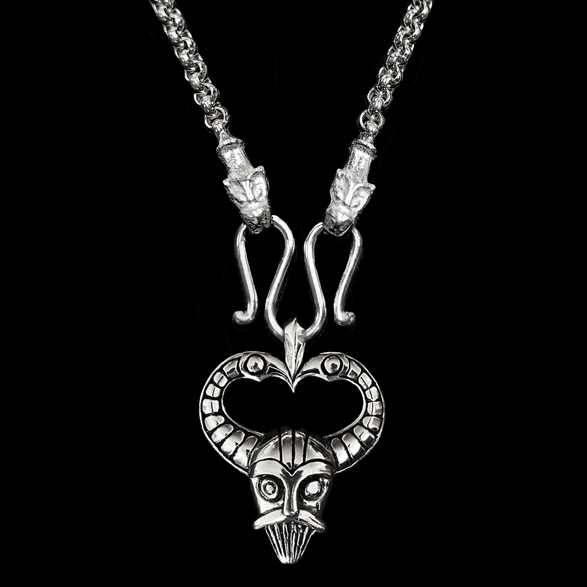 Slim Silver Anchor Chain Pendant Necklace with Icelandic Wolf Heads with Odin Protection Mask Pendant