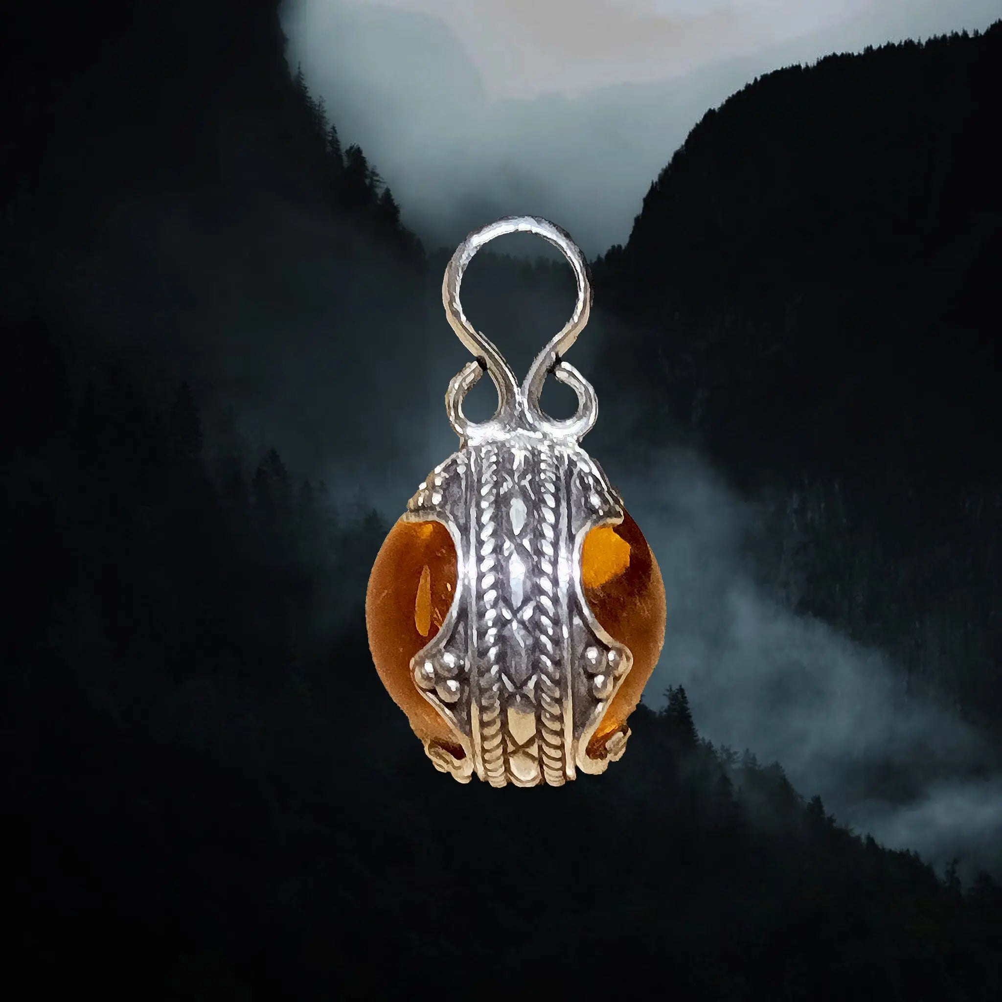 Silver Gotland Filigree Amber Ball Pendant - Side View