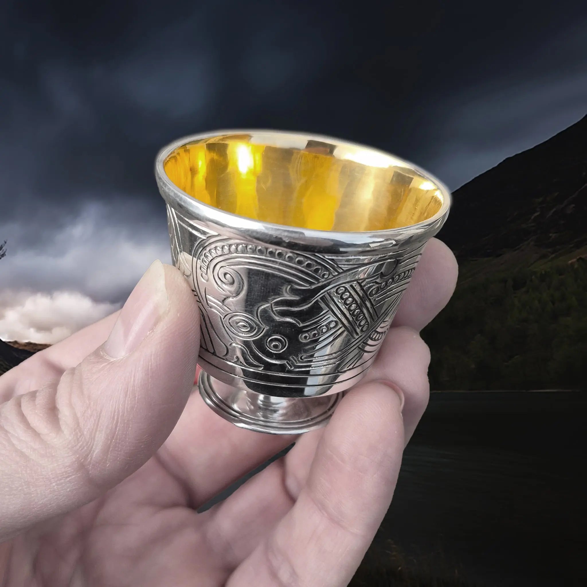 Solid Silver Handmade Jelling Cup Viking Replica with Gold Plated Interior in Fingers - Angle View