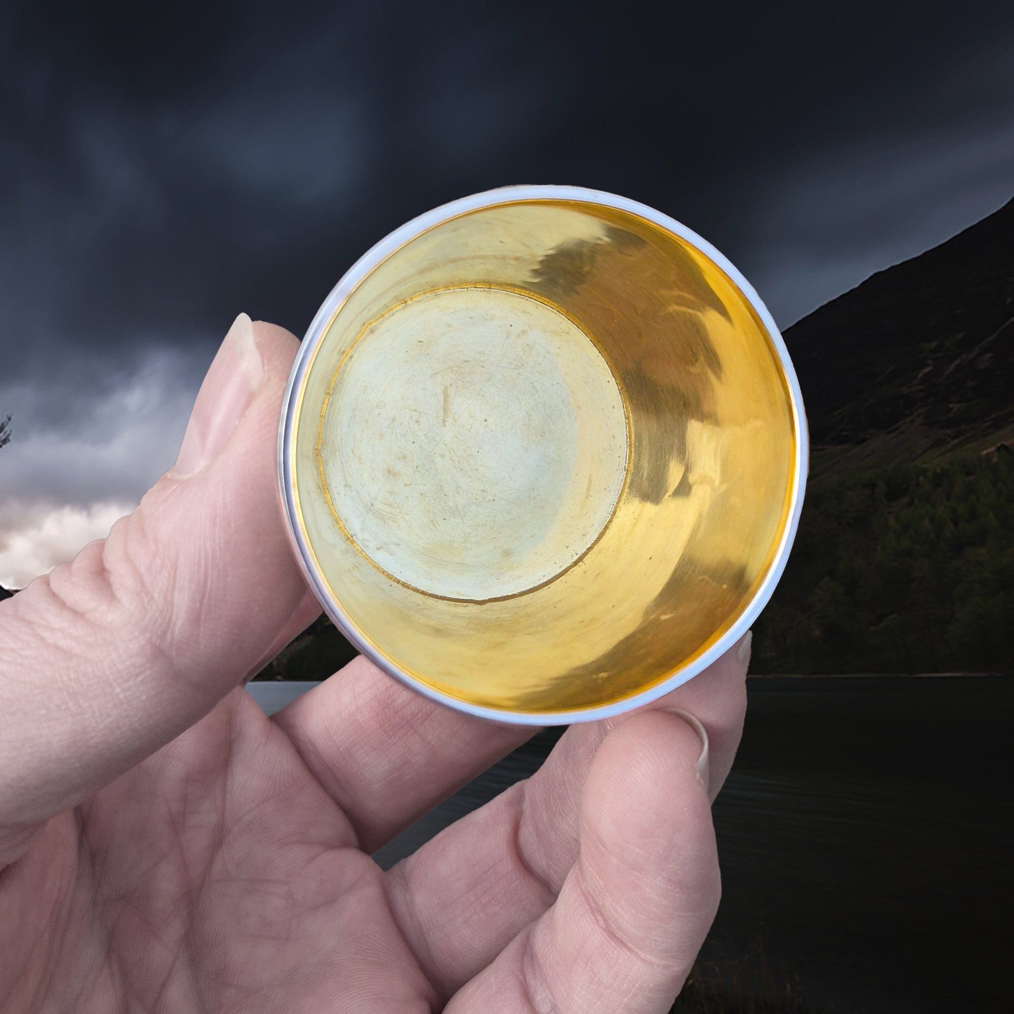 Solid Silver Handmade Jelling Cup Viking Replica with Gold Plated Interior in Fingers - Interior View