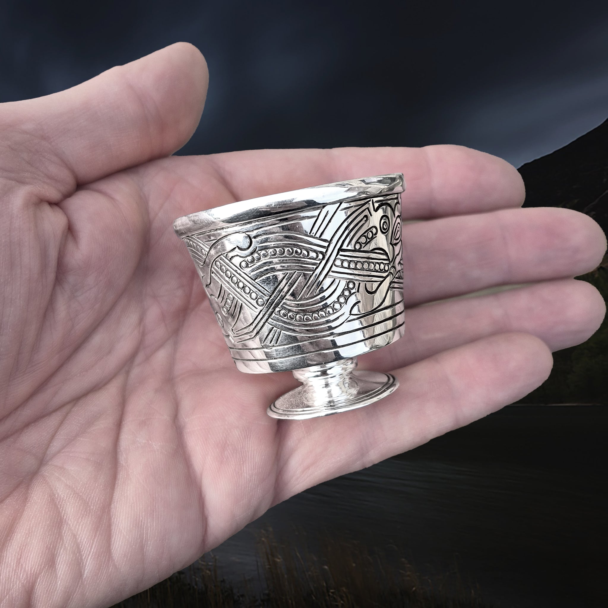Solid Silver Handmade Jelling Cup Viking Replica with Gold Plated Interior on Hand