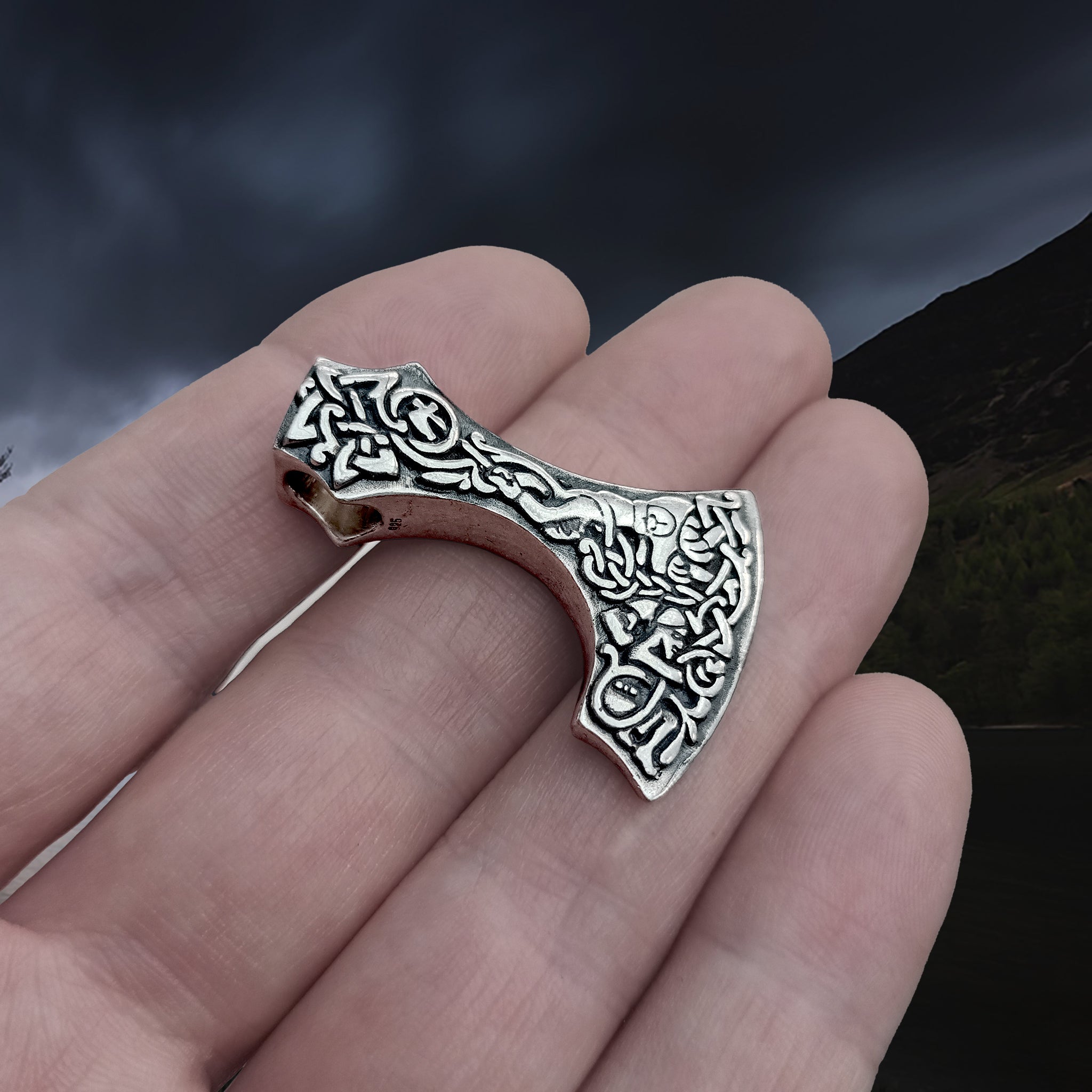 Silver Bearded Axe Head Viking Pendan on Hand - Underside Angle View