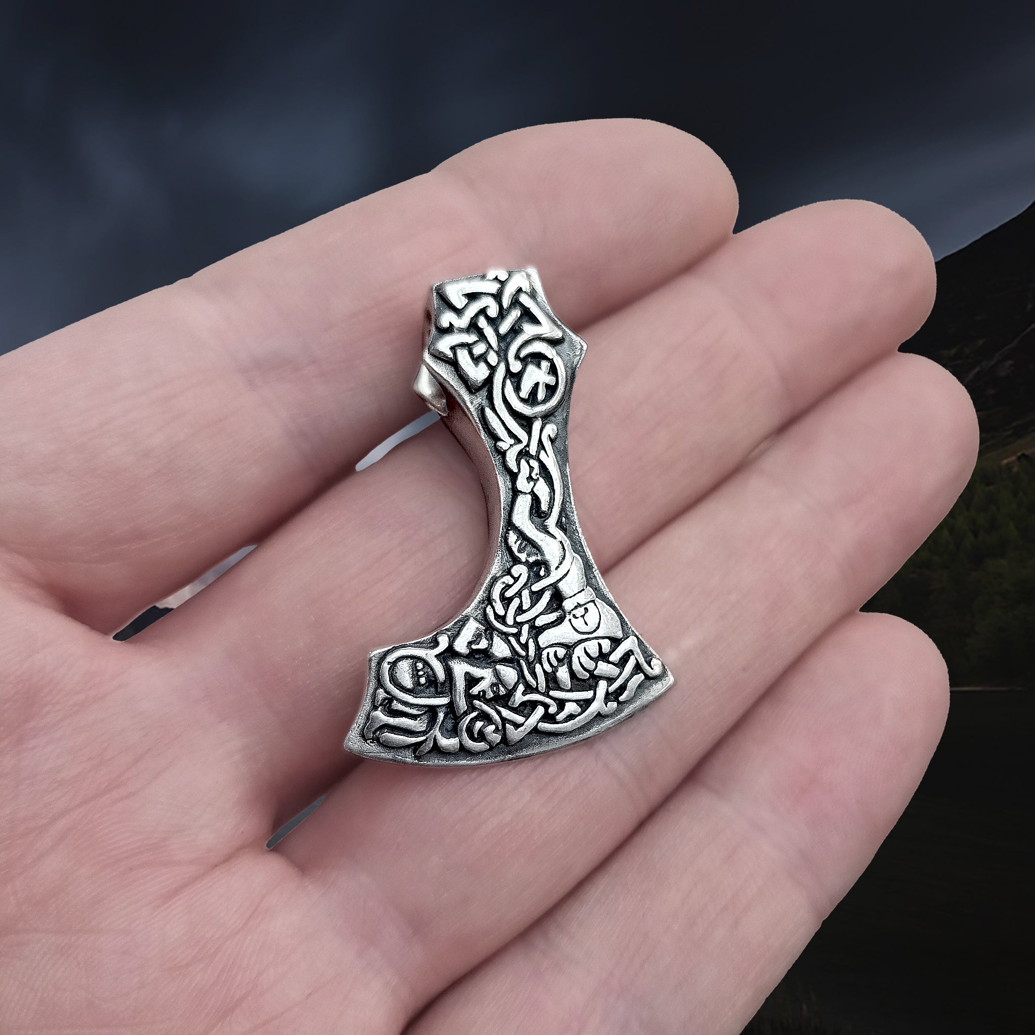 Silver Bearded Axe Head Viking Pendant on Hand