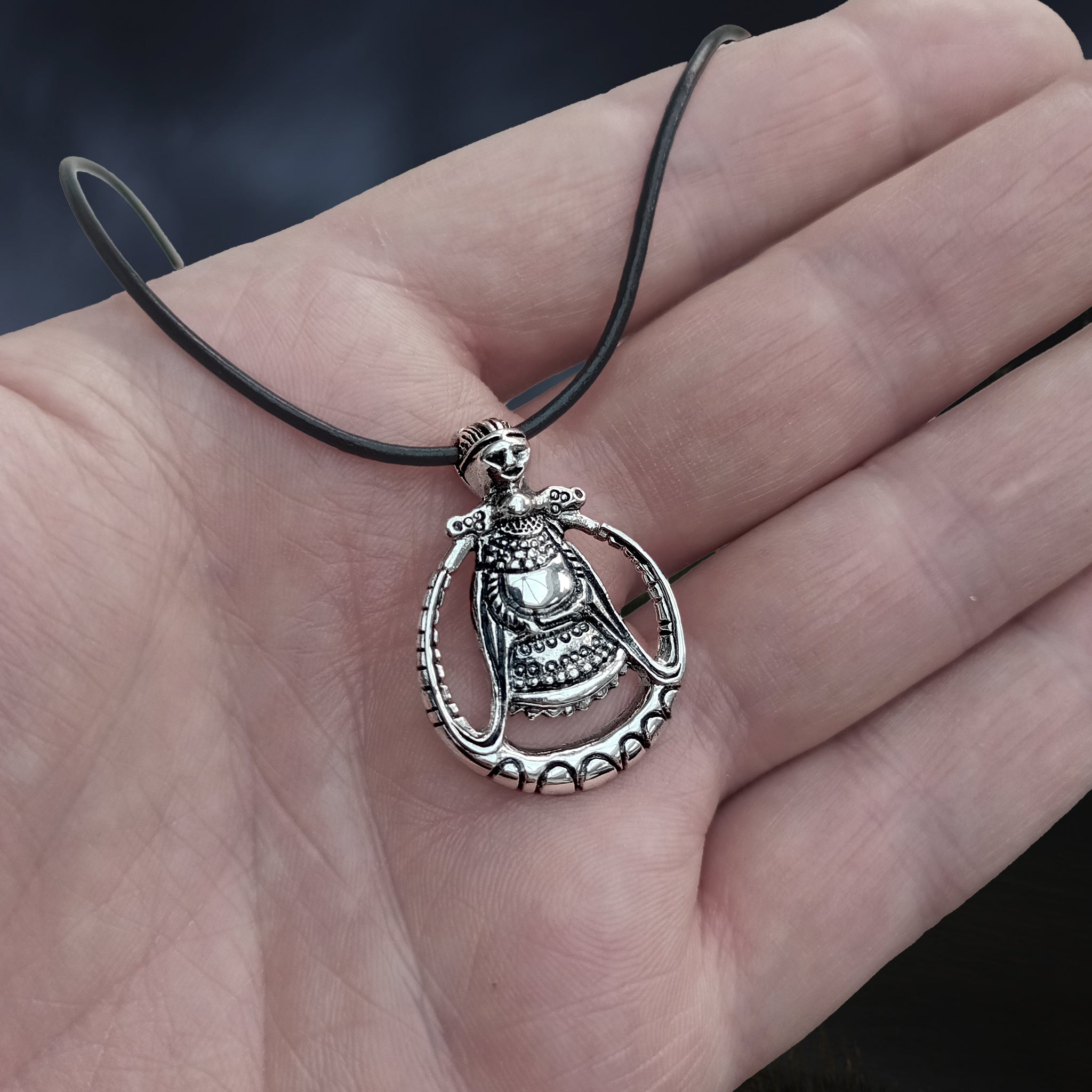 Silver Circular Freya Replica Viking Pendant on Leather Thong on Hand