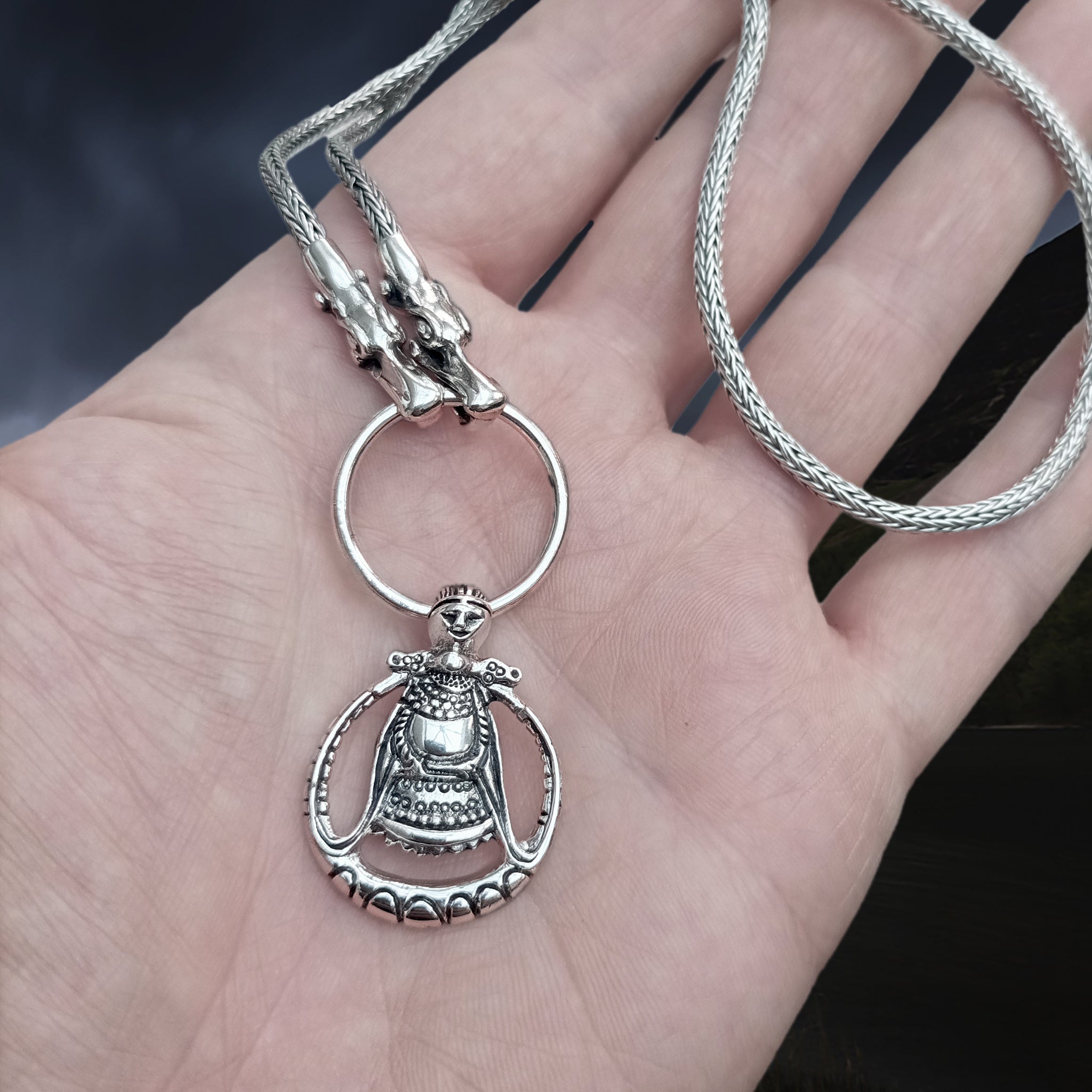 Silver Circular Freya Replica Viking Pendant on Silver Split Ring with Tromso Heads Viking Dragon Snake Chain - On Hand