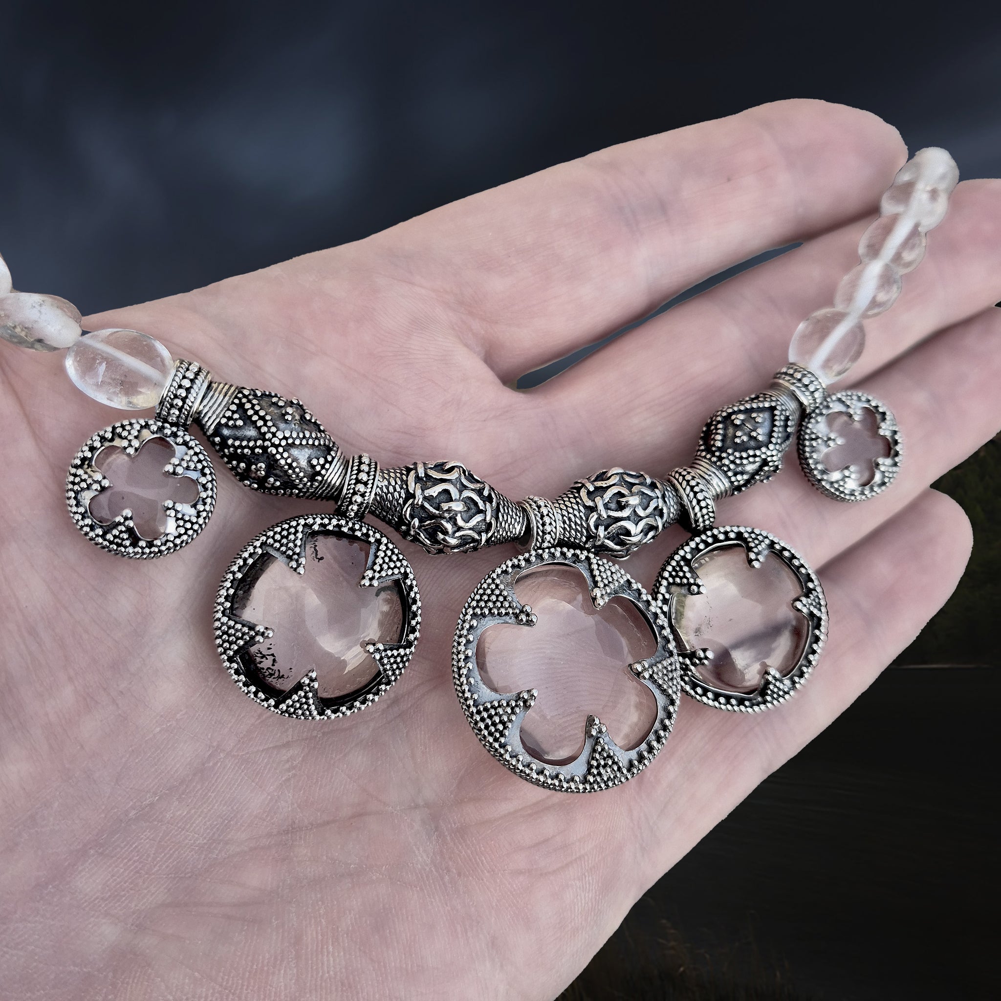 5 Lens Rock Crystal Silver Necklace Replica from Gotland on Hand - Angle View
