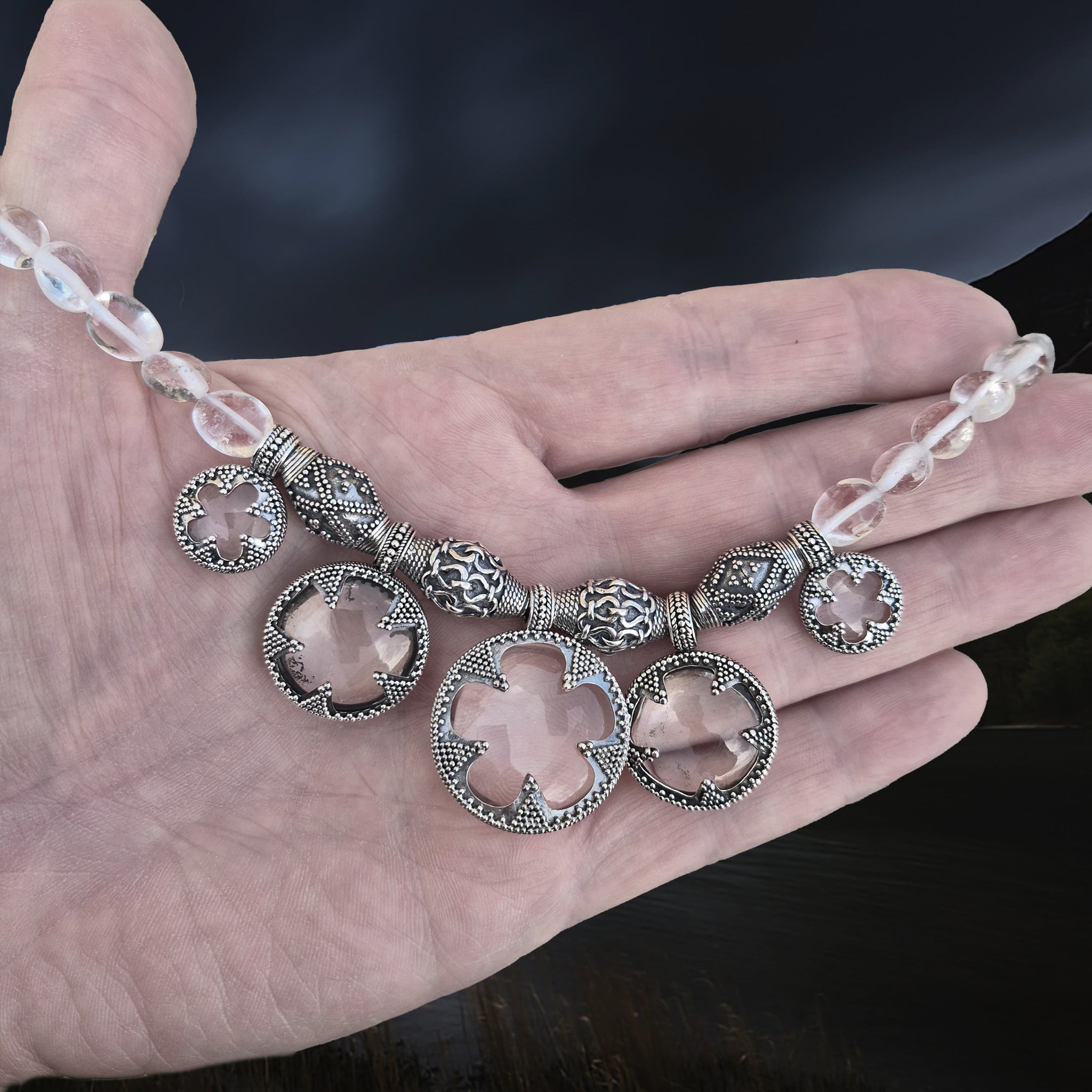 5 Lens Rock Crystal Silver Necklace Replica from Gotland on Hand