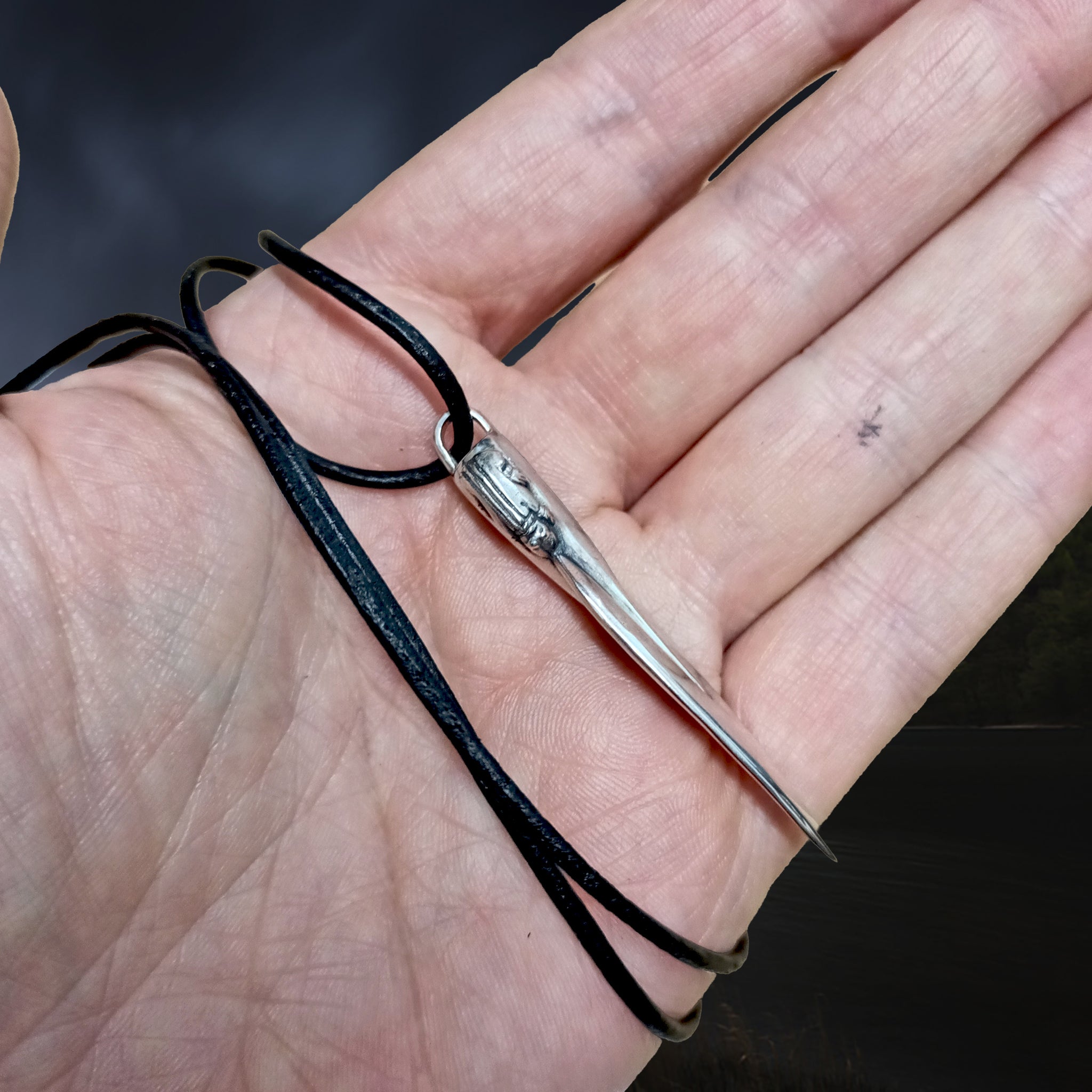 Large Silver Viking Bear Spear Pendant - on Hand - Side View