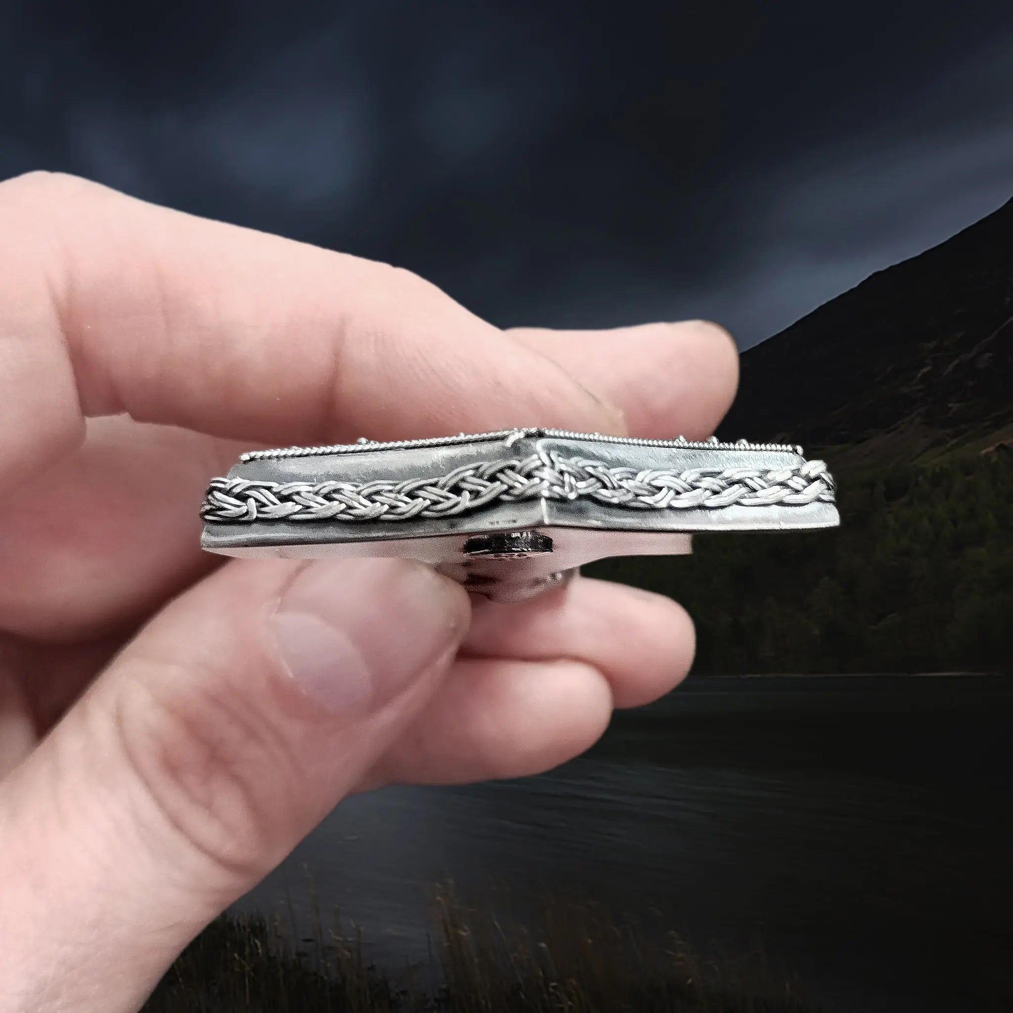 Large Silver Filigree Thors Hammer Pendant Replica from Öland in Fingers - Side View