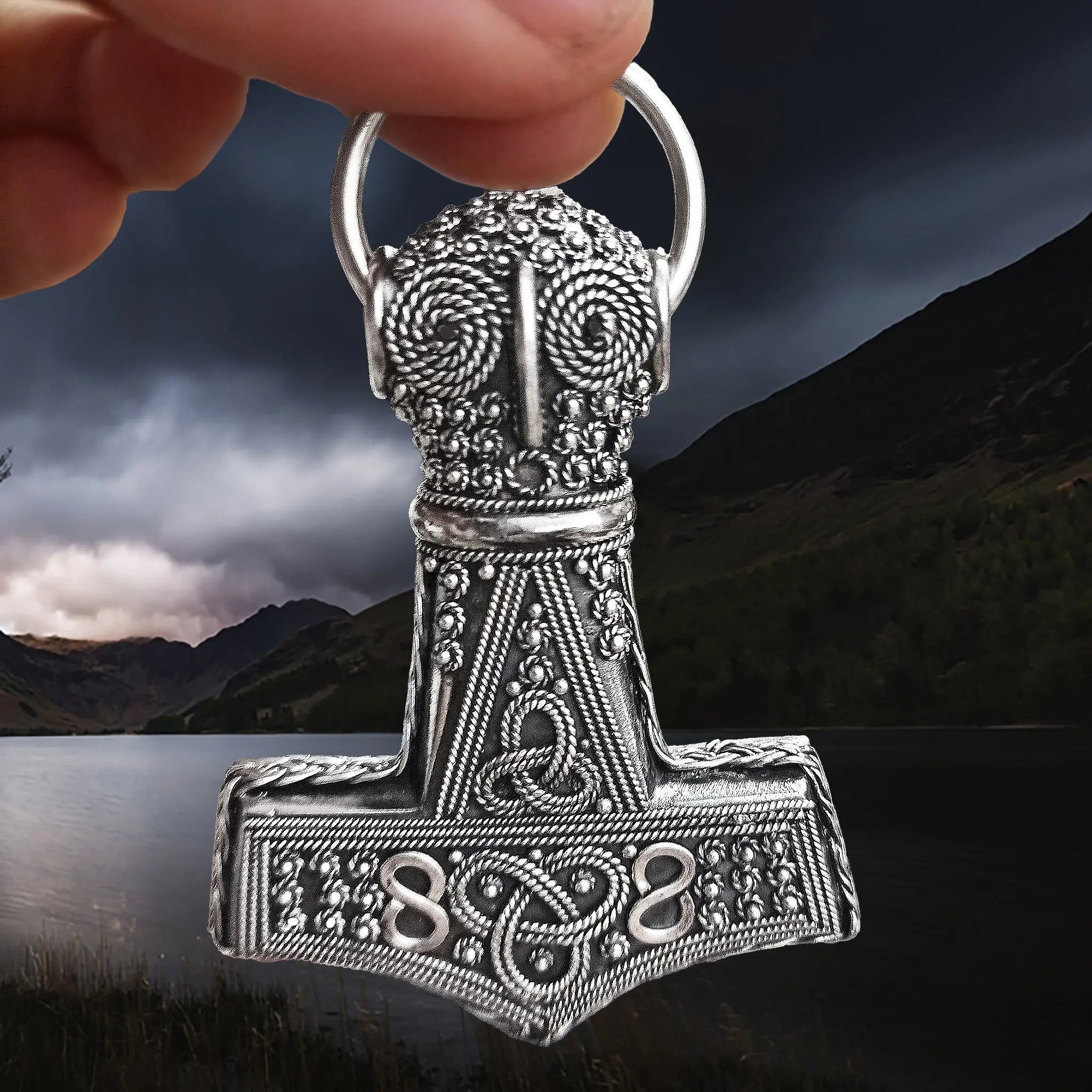 Large Handmade Silver Filigree Thors Hammer Pendant Replica from Öland with Split Ring In Fingers