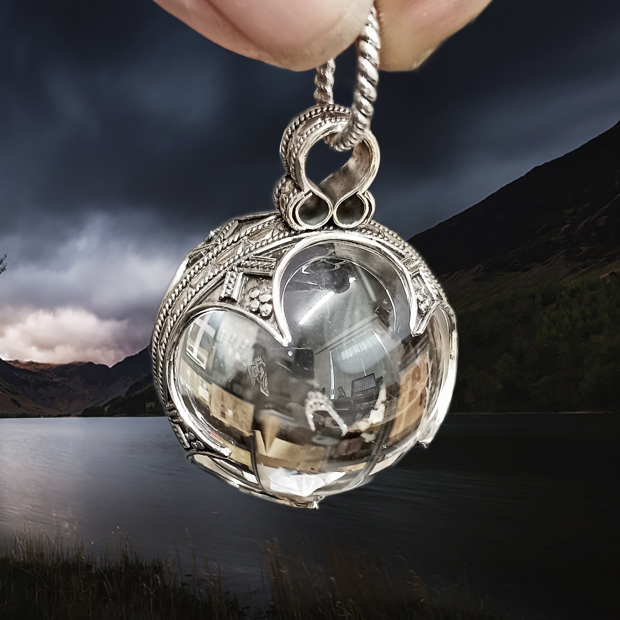 Large Silver Gotland Crystal Ball Pendant in Fimgers - Angle View