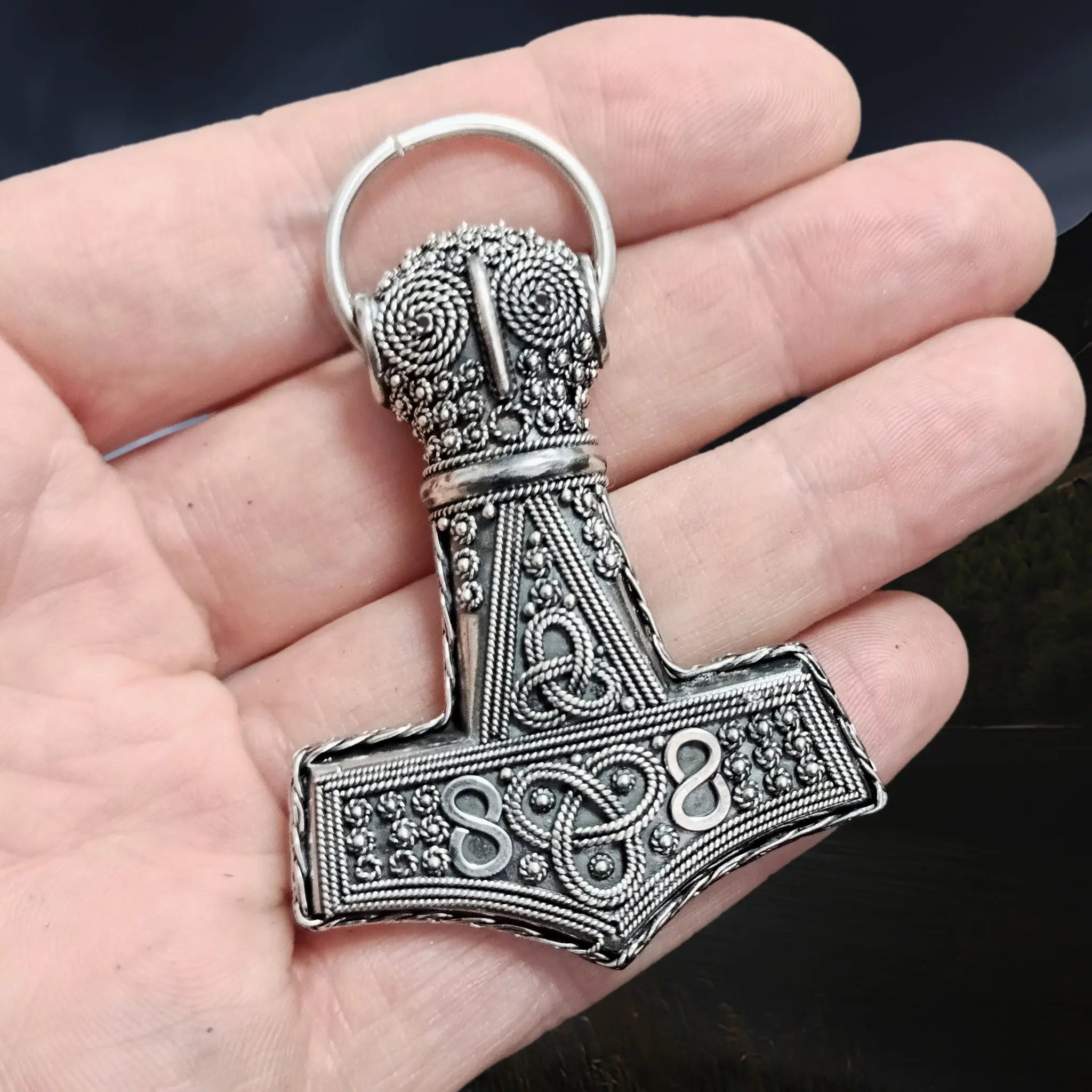 Large Handmade Silver Filigree Thors Hammer Pendant Replica from Öland with Split Ring on Hand