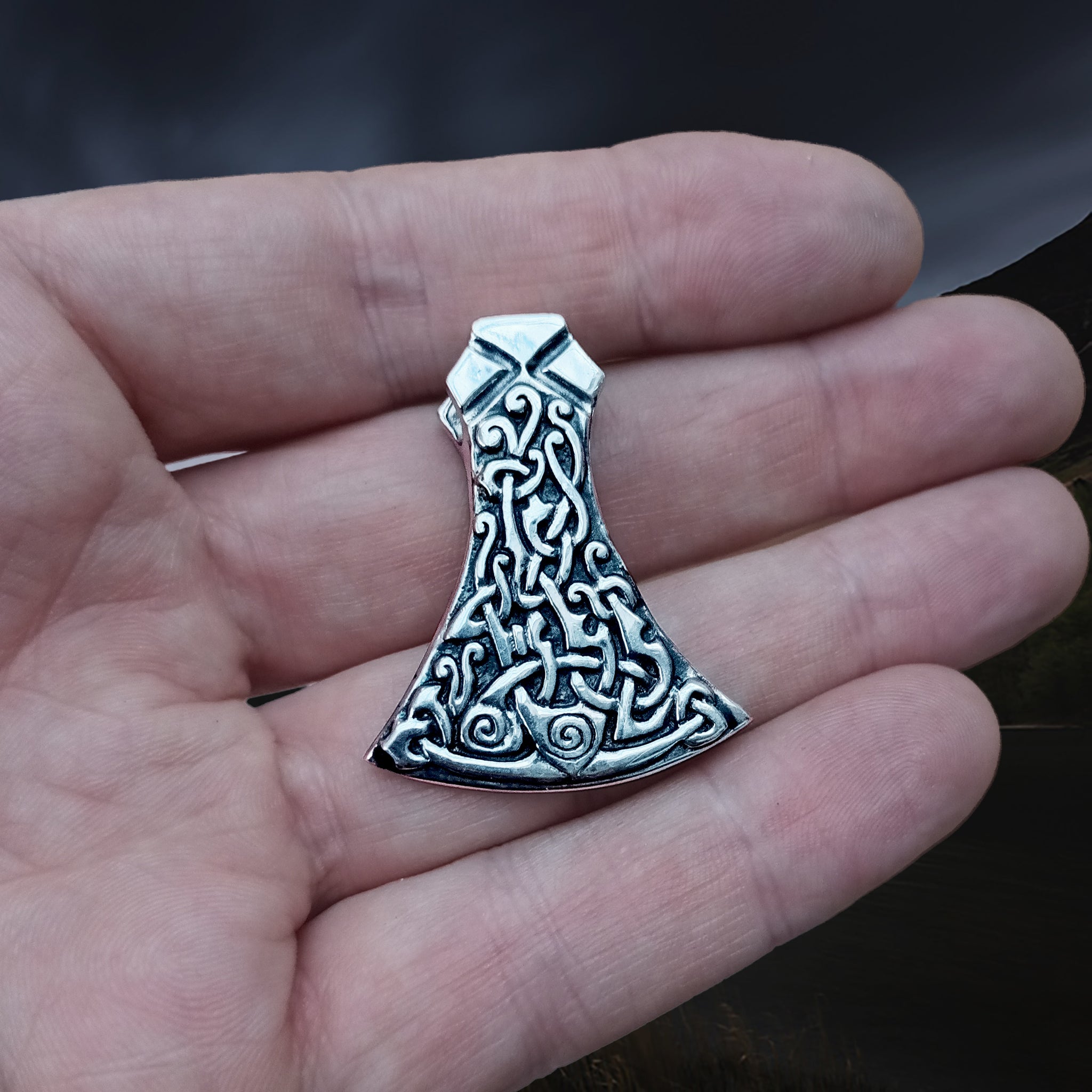Silver Mammen Axe Head Viking Pendant on Hand