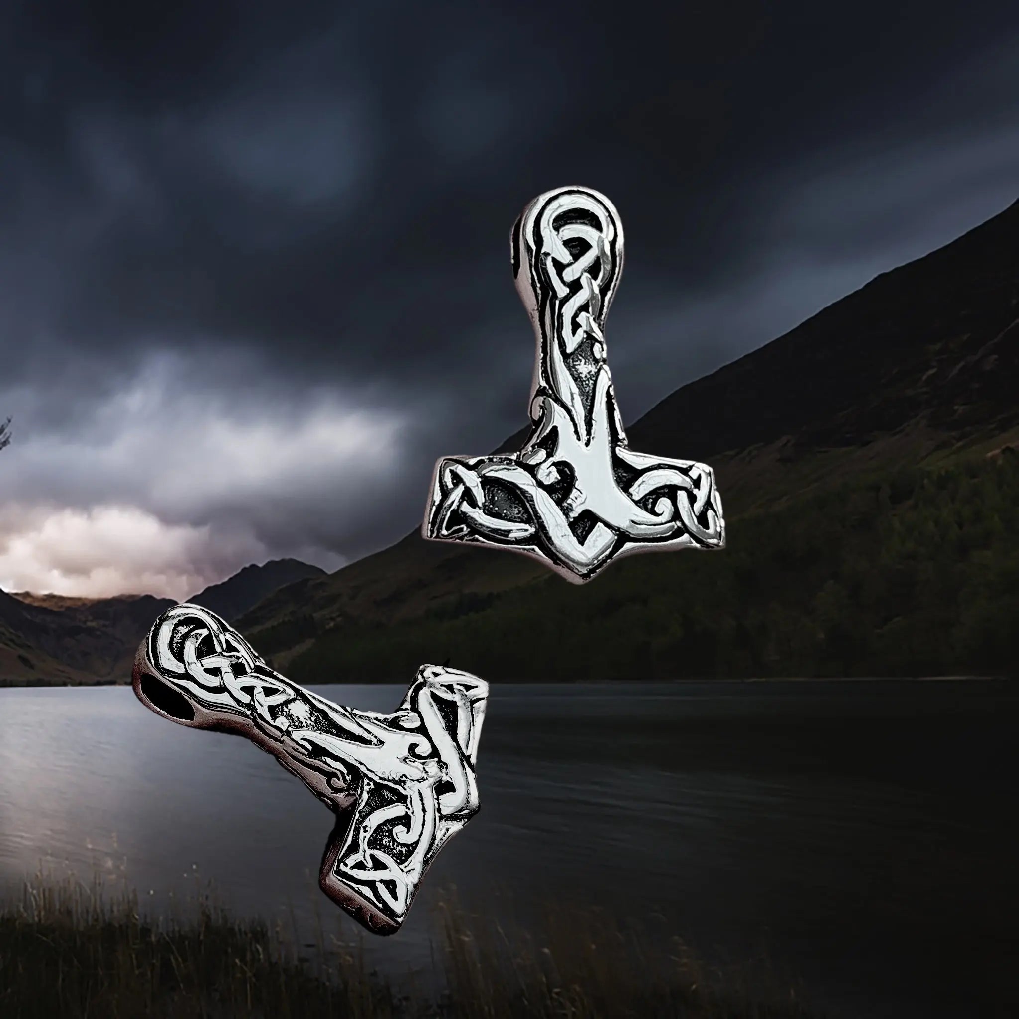 Medium Silver Interlace Thors Hammer Pendant - Front and Side Angle View