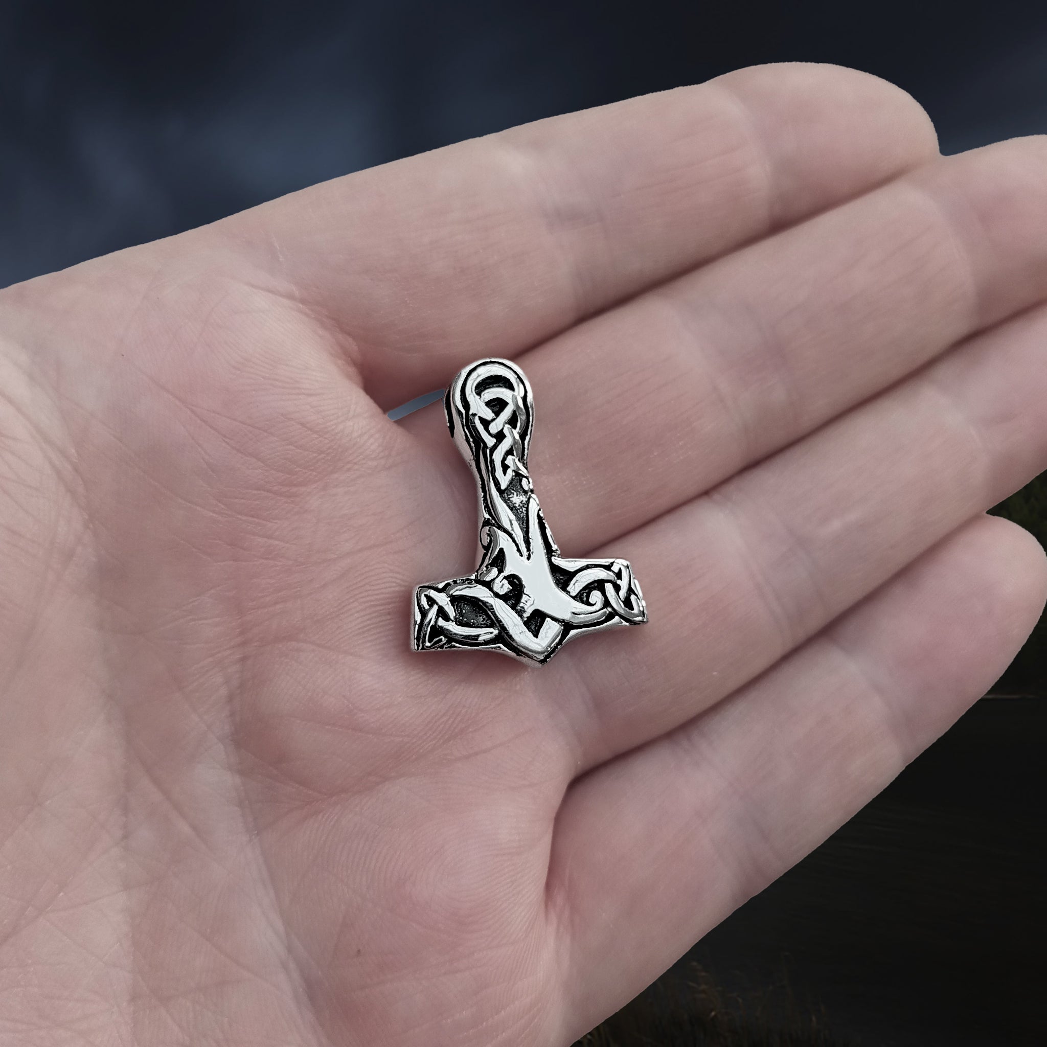 Medium Silver Interlace Thors Hammer Pendant on Hand