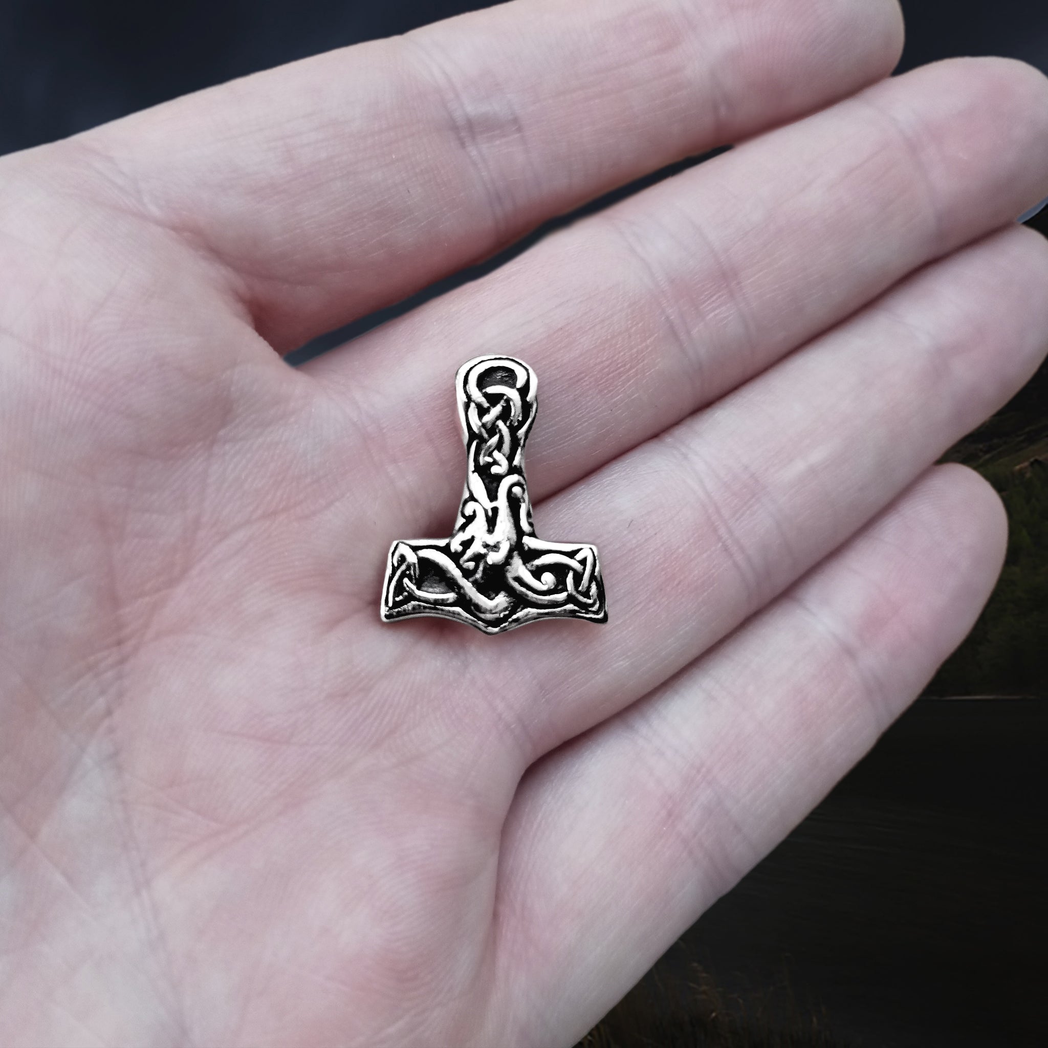 Small Silver Interlace Thors Hammer Viking Pendant on Hand