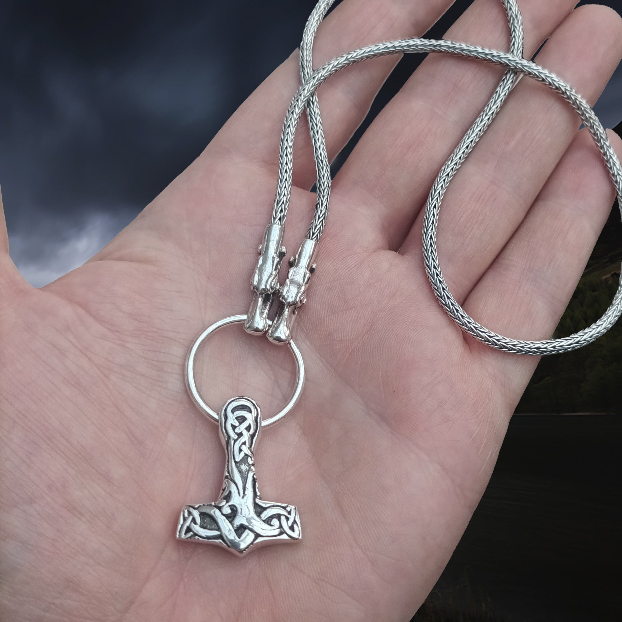 Slim Silver Snake Chain Pendant Necklace with Tromso Dragon Heads Holeding Split Ring with Medium Interlace Thors Hammr Pendant