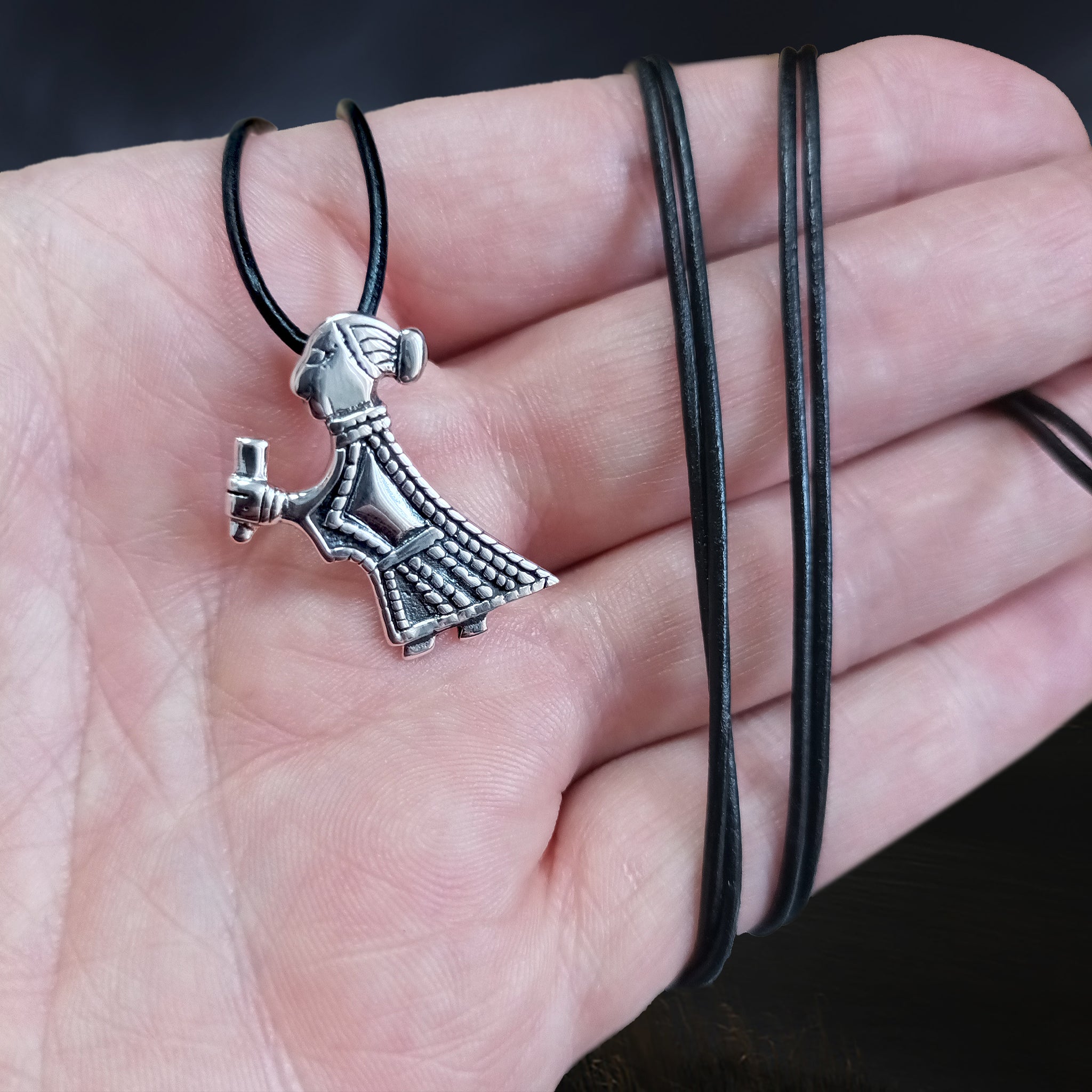Replica Mythical Viking Valkyrie Pendant in 925 Sterling Silver on Leather Thong on Hand
