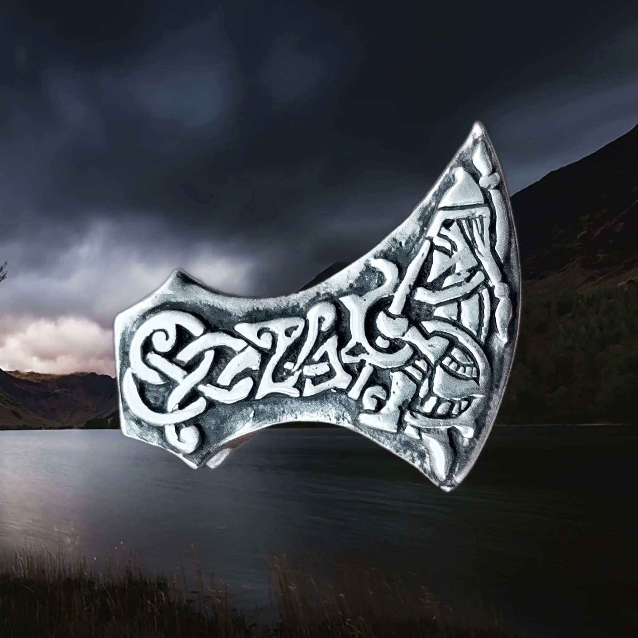 Silver Tyr and Fenrir Viking Axe Head Pendant - Detail