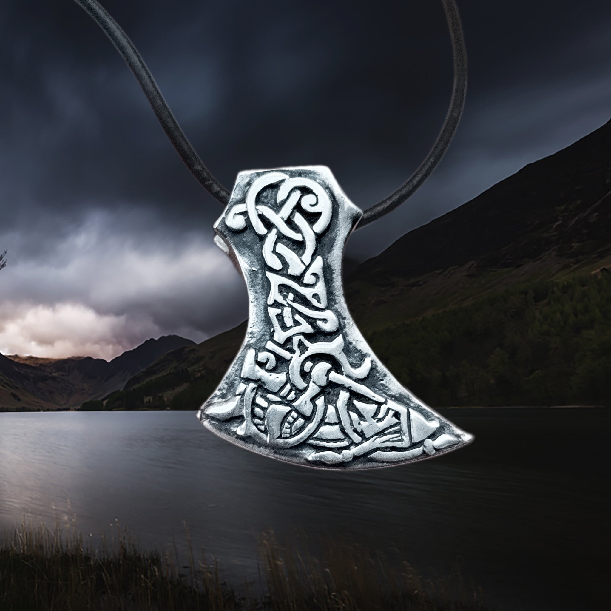 Silver Tyr and Fenrir Viking Axe Head Pendant on Leather Thong