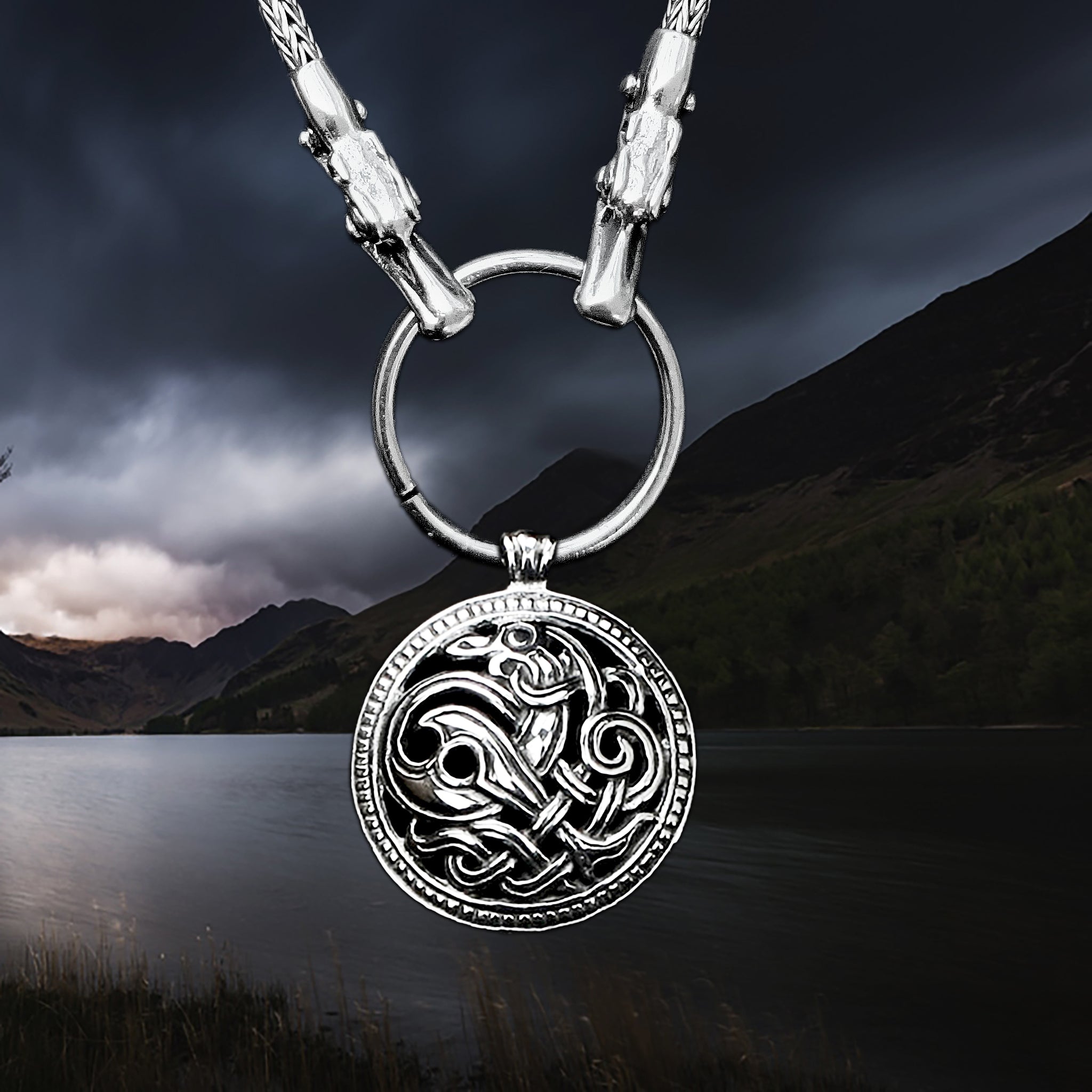 Slim Silver Snake Chain Pendant Necklace with Tromso Dragon Heads and Split Ring with Jelling Dragon Pendant