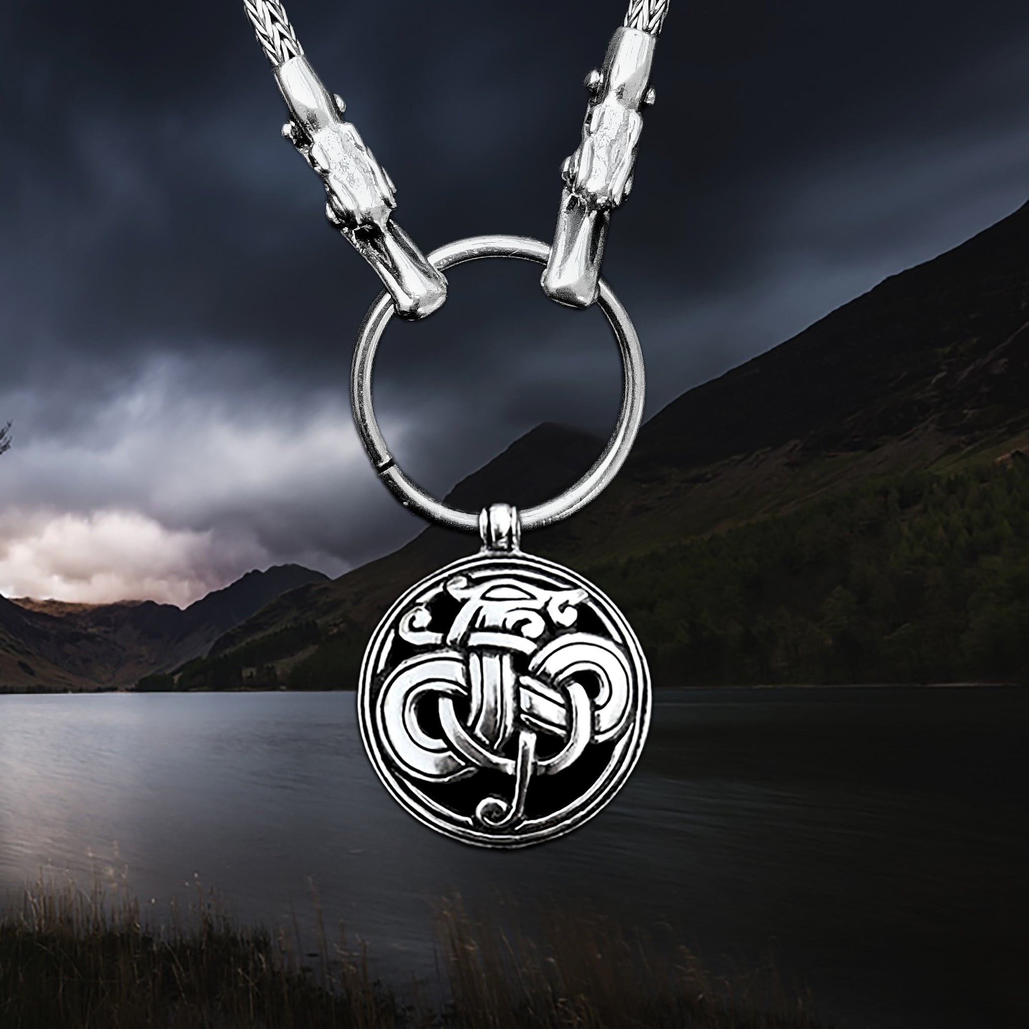 Slim Silver Snake Chain Pendant Necklace with Tromso Dragon Heads and Split Ring with Urnes Dragon Pendant