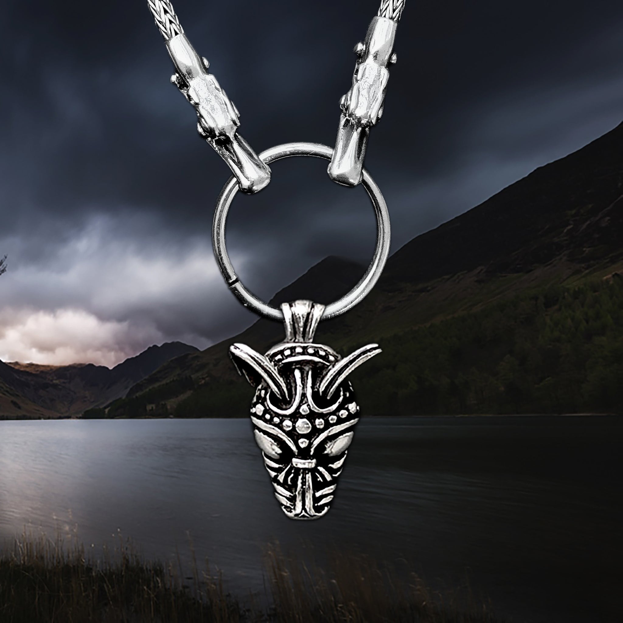 Slim Silver Snake Chain Pendant Necklace with Tromso Dragon Heads and Split Ring with Wolf Head Pendant